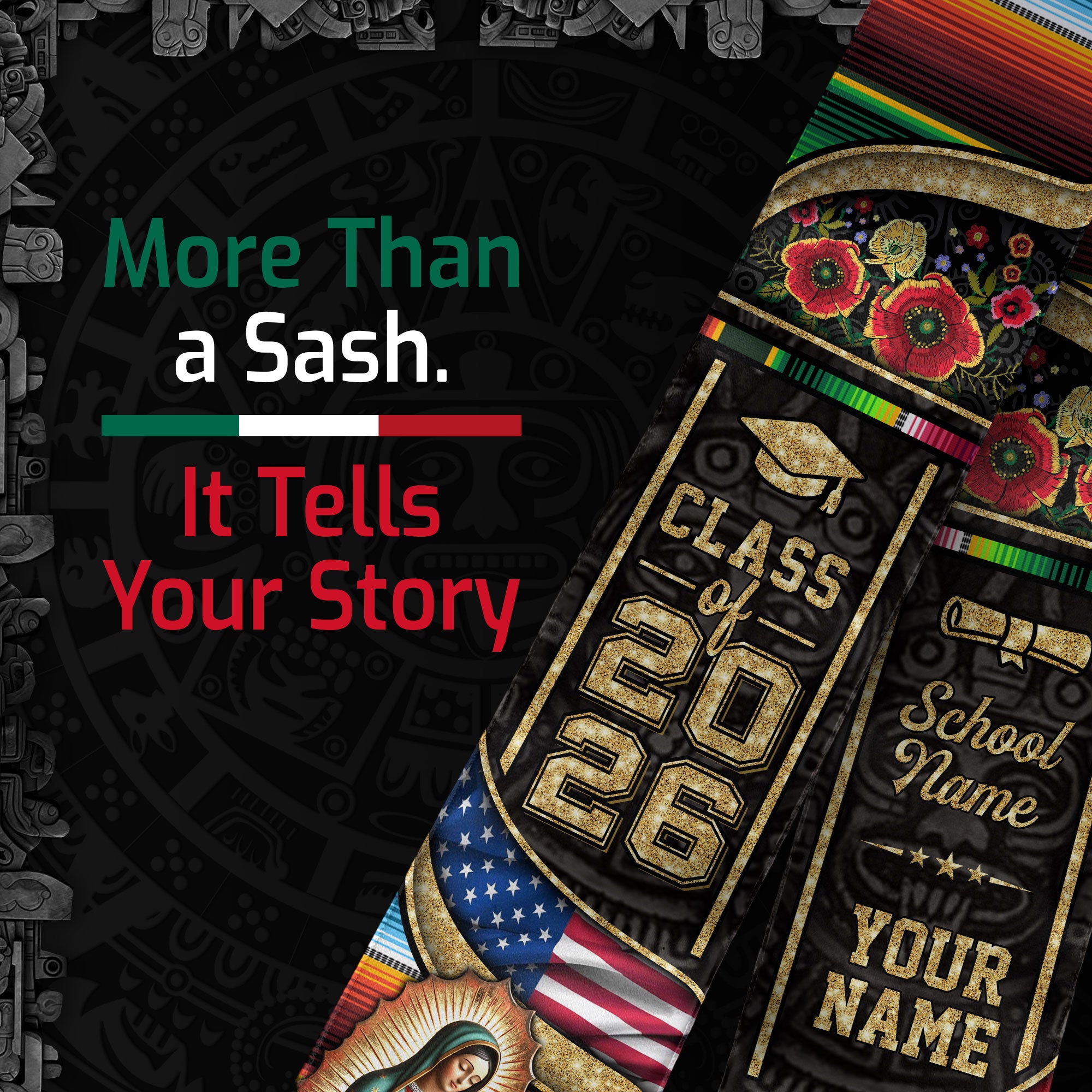 Virgen de Guadalupe 2026 Graduation Stole – Personalized USA & Mexico Heritage Senior Sash with Eagle & Serape Design