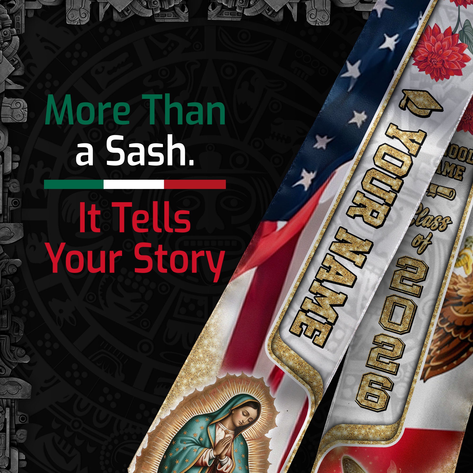 Custom Class of 2026 Graduation Stole – Virgen de Guadalupe USA & Mexico Senior Sash with Gold Butterfly Design