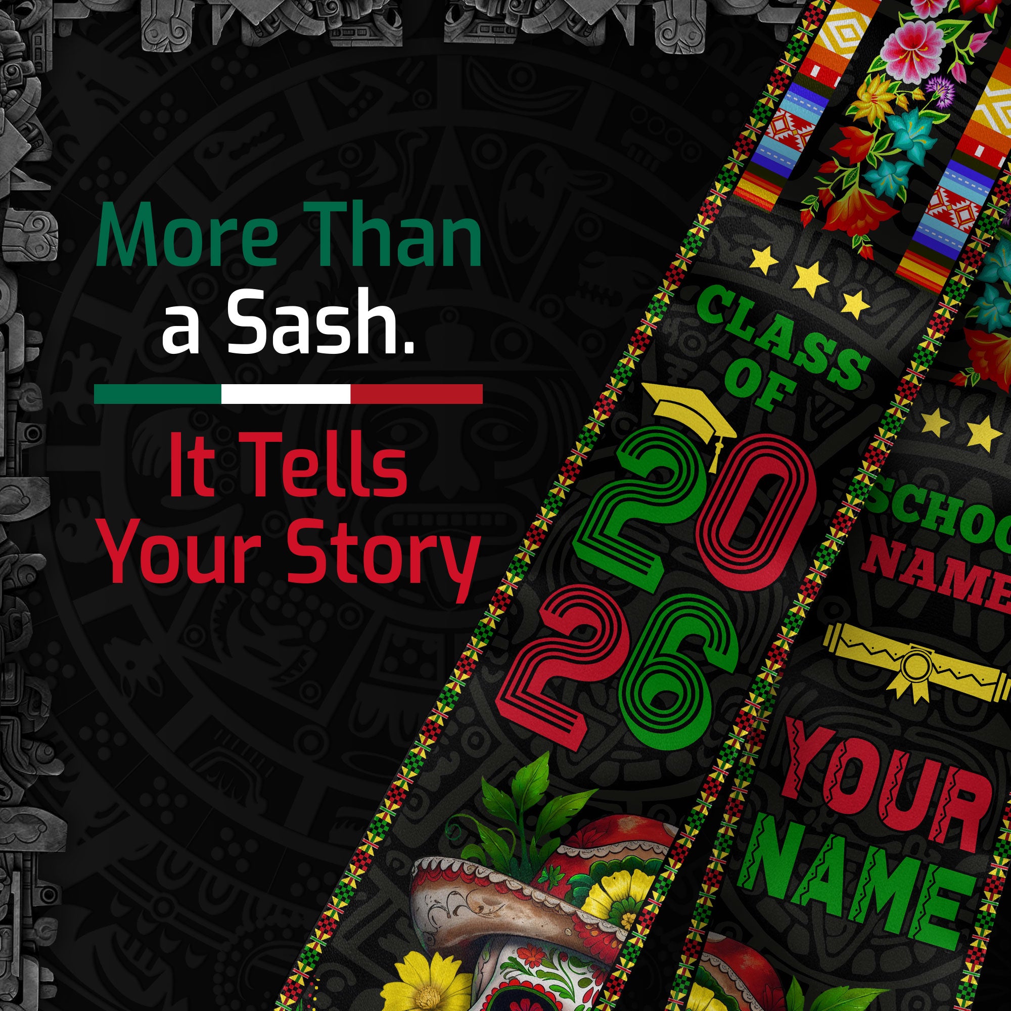 Custom Class of 2026 Graduation Stole – Mexican Serape & Sugar Skull Design, Personalized School and Name Sash