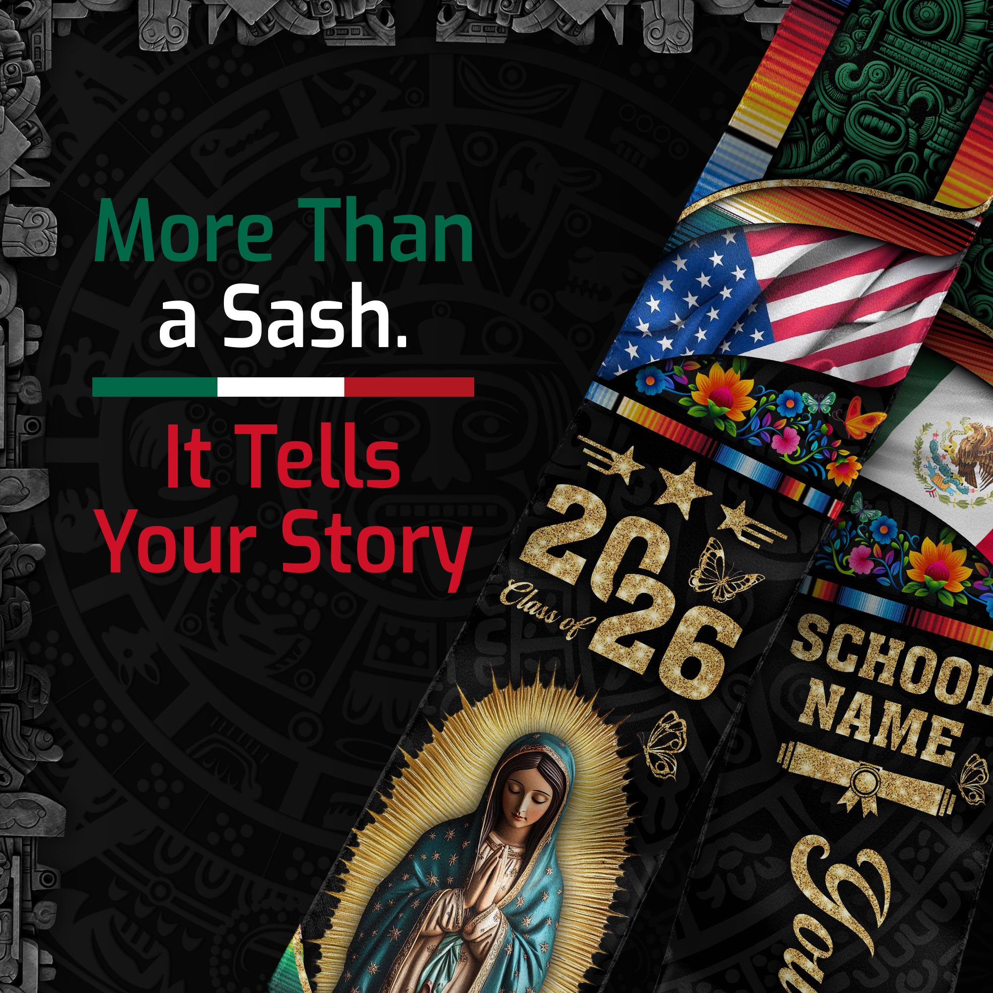 Custom Virgen de Guadalupe Class of 2026 Graduation Stole – USA & Mexico Flag Personalized Senior Sash