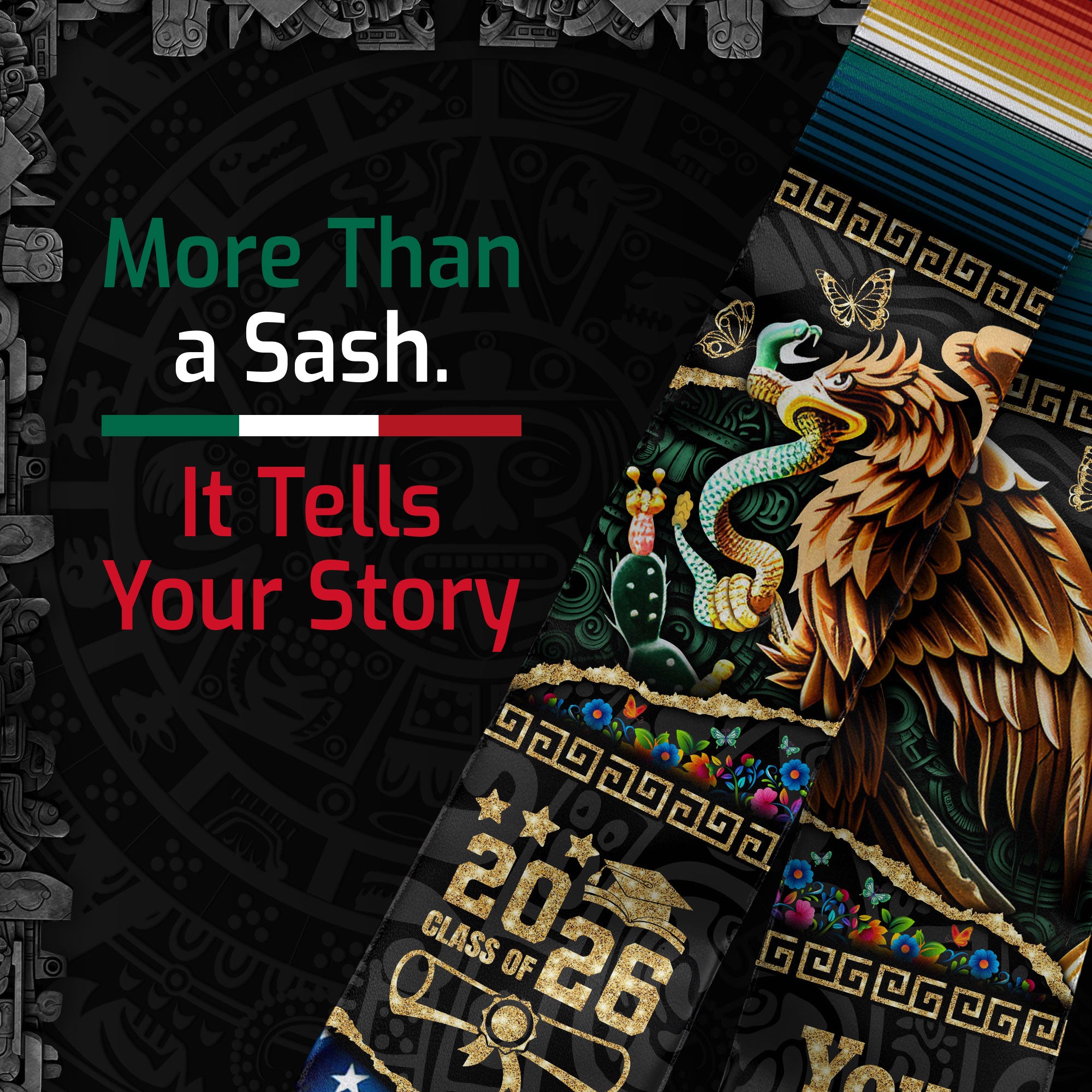 Custom Aztec Eagle Class of 2026 Graduation Stole – USA & Mexico Flag Personalized Senior Sash