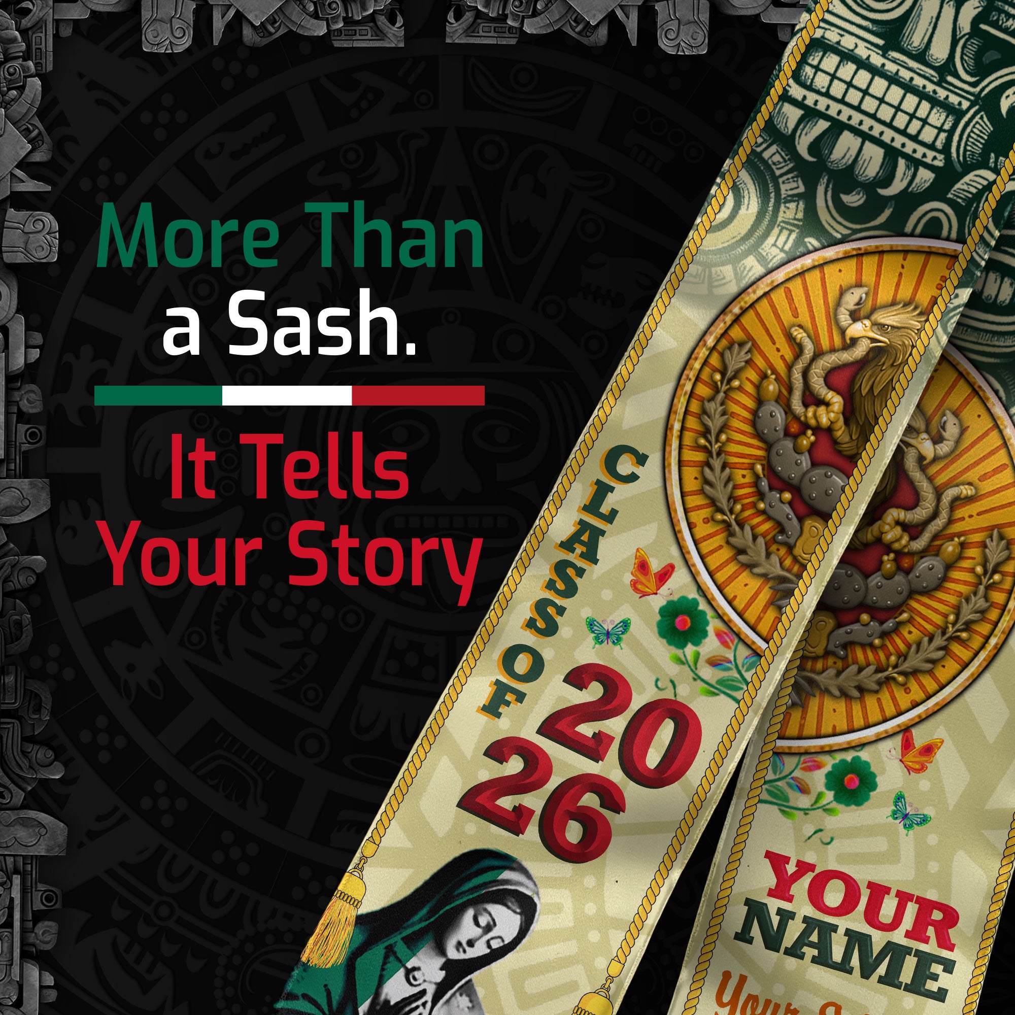 Custom Aztec Sun & Virgen Graduation Stole 2026 – Personalized Class of 2026 Senior Sash with School Name