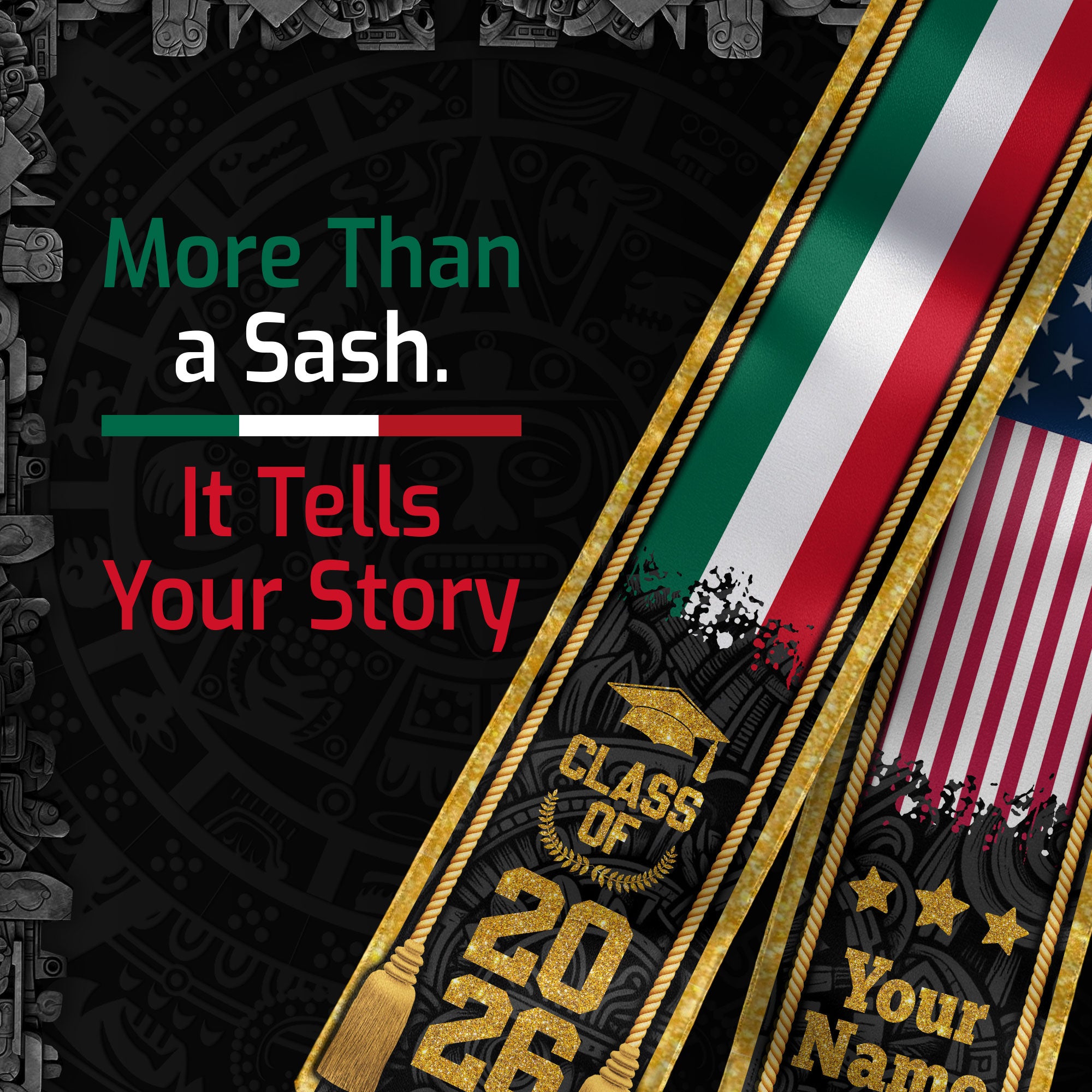 Custom USA & Mexico Flag Graduation Stole 2026 – Personalized Class of 2026 Senior Sash with Gold Tassel Design