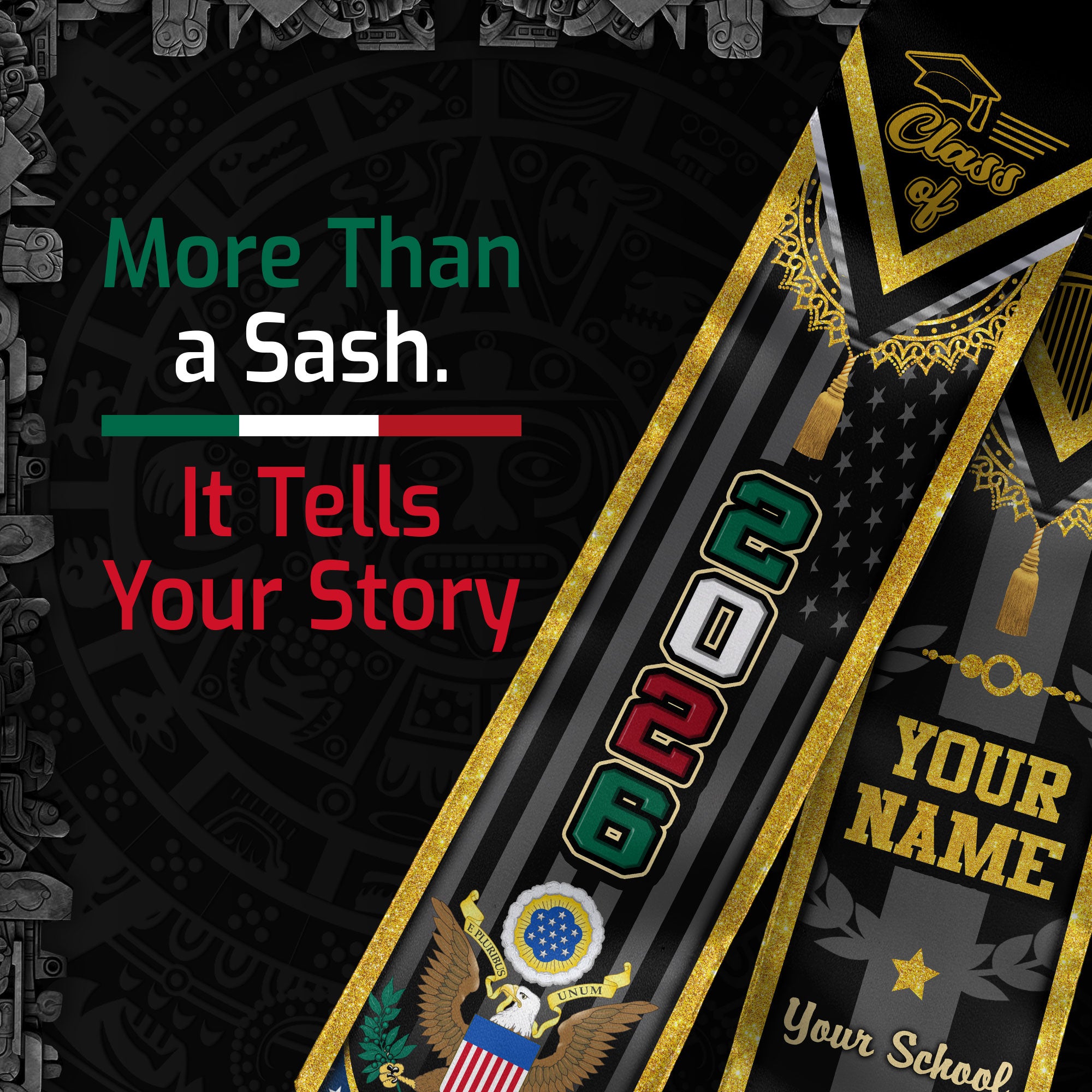 Custom USA Mexico Heritage Graduation Stole 2026 – Personalized Senior Sash with Eagle Crest & National Flag Design