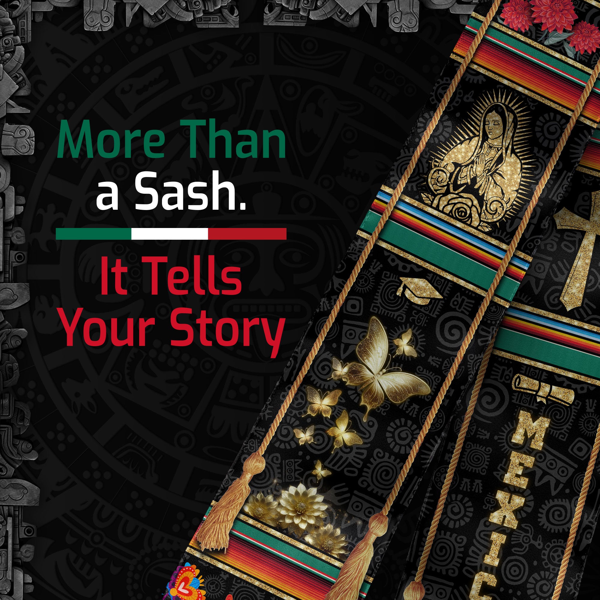 Mexican Graduation Stole Mexico Sash Aztec Virgin Mary Cross Butterfly 2026