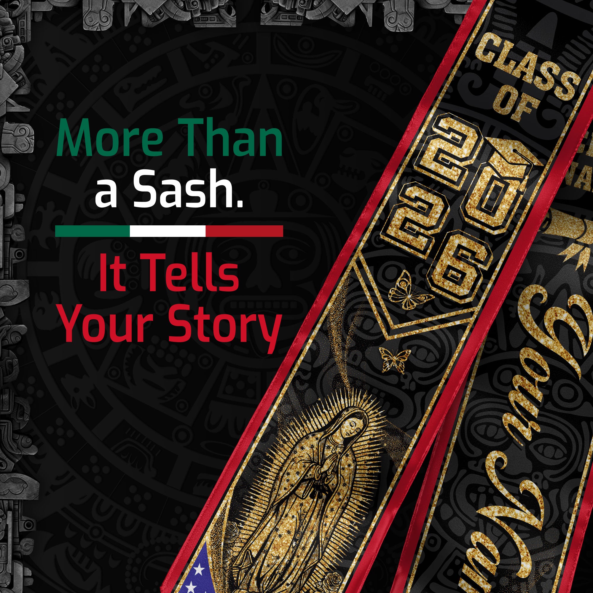 Custom Mexico Graduation Stole Class of 2026 Virgen de Guadalupe Butterfly Name Sash