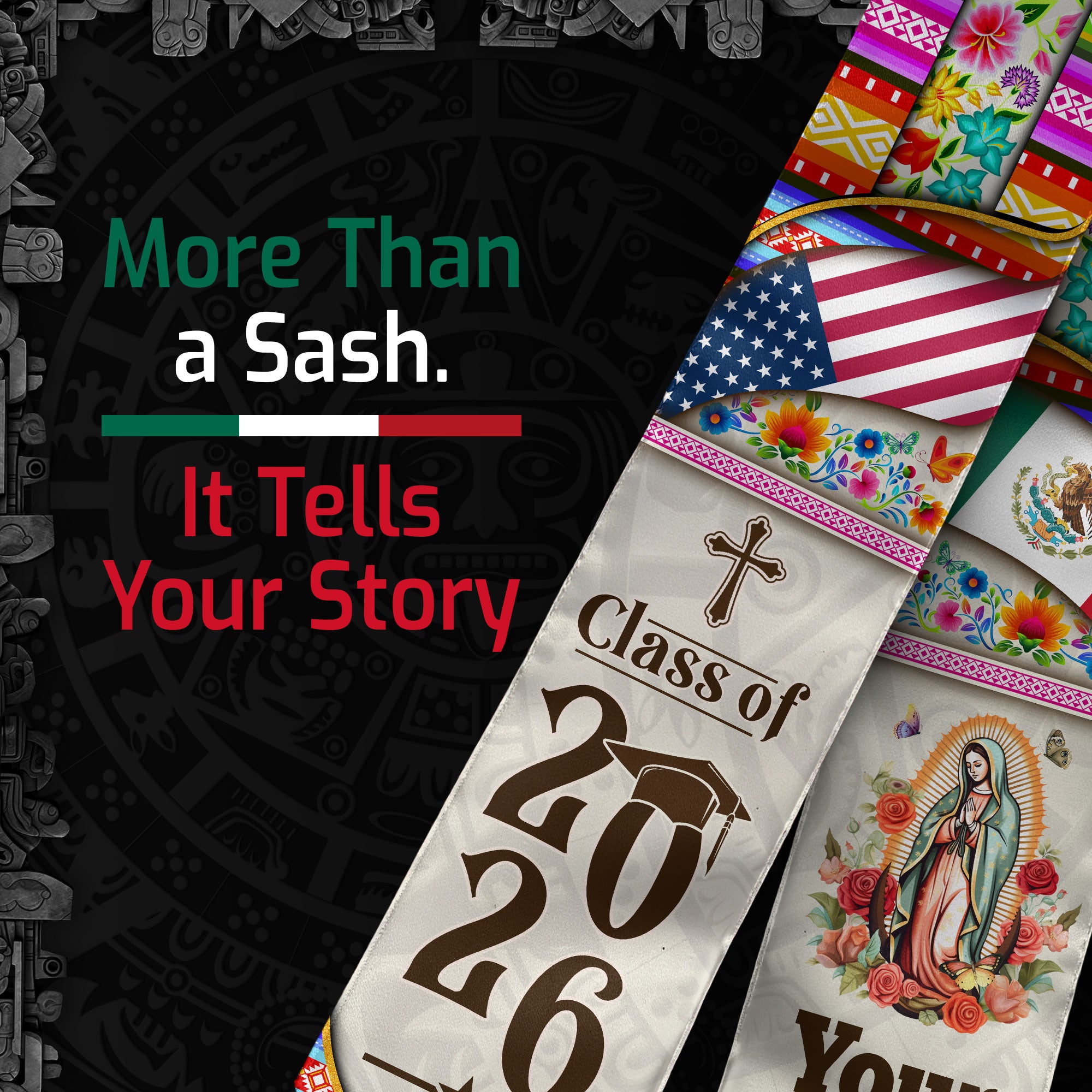Custom Mexican Graduation Stole Mexico Sash Virgin Mary Cross Aztec Floral USA Flag 2026
