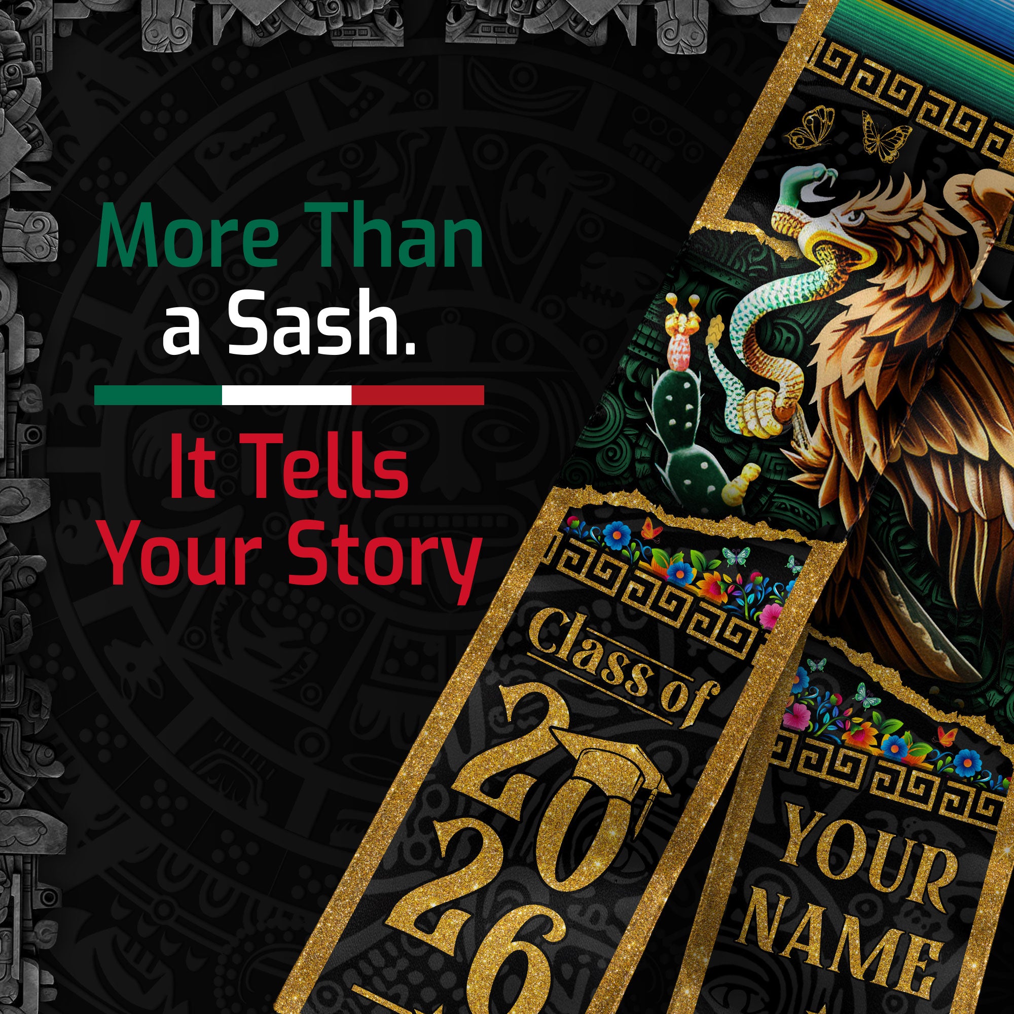 Custom Mexican Graduation Stole Mexico USA Flag Aztec Eagle Serape Gold Class 2026