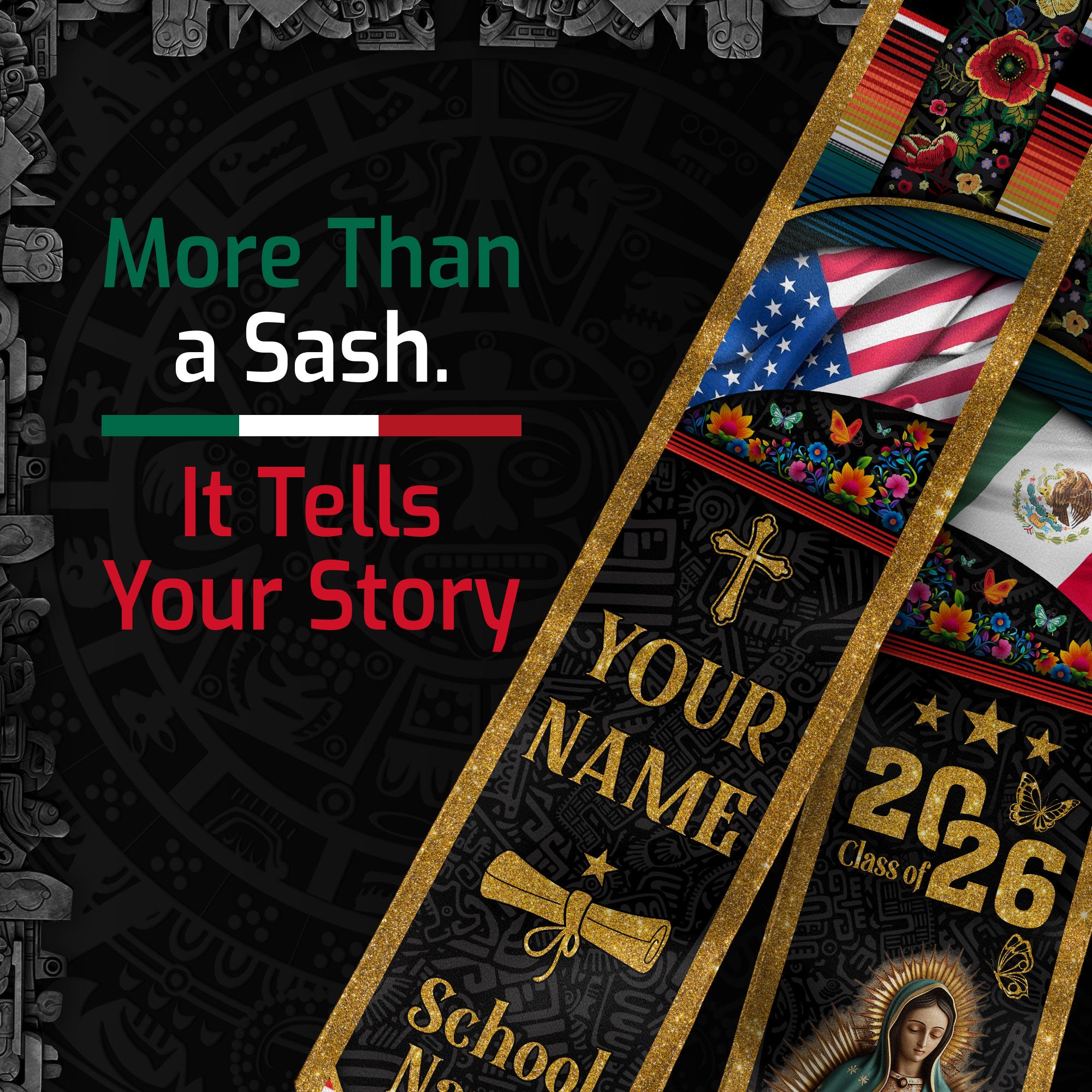 Custom Mexican Graduation Stole Mexico USA Flag Aztec Floral Virgin Mary 2026