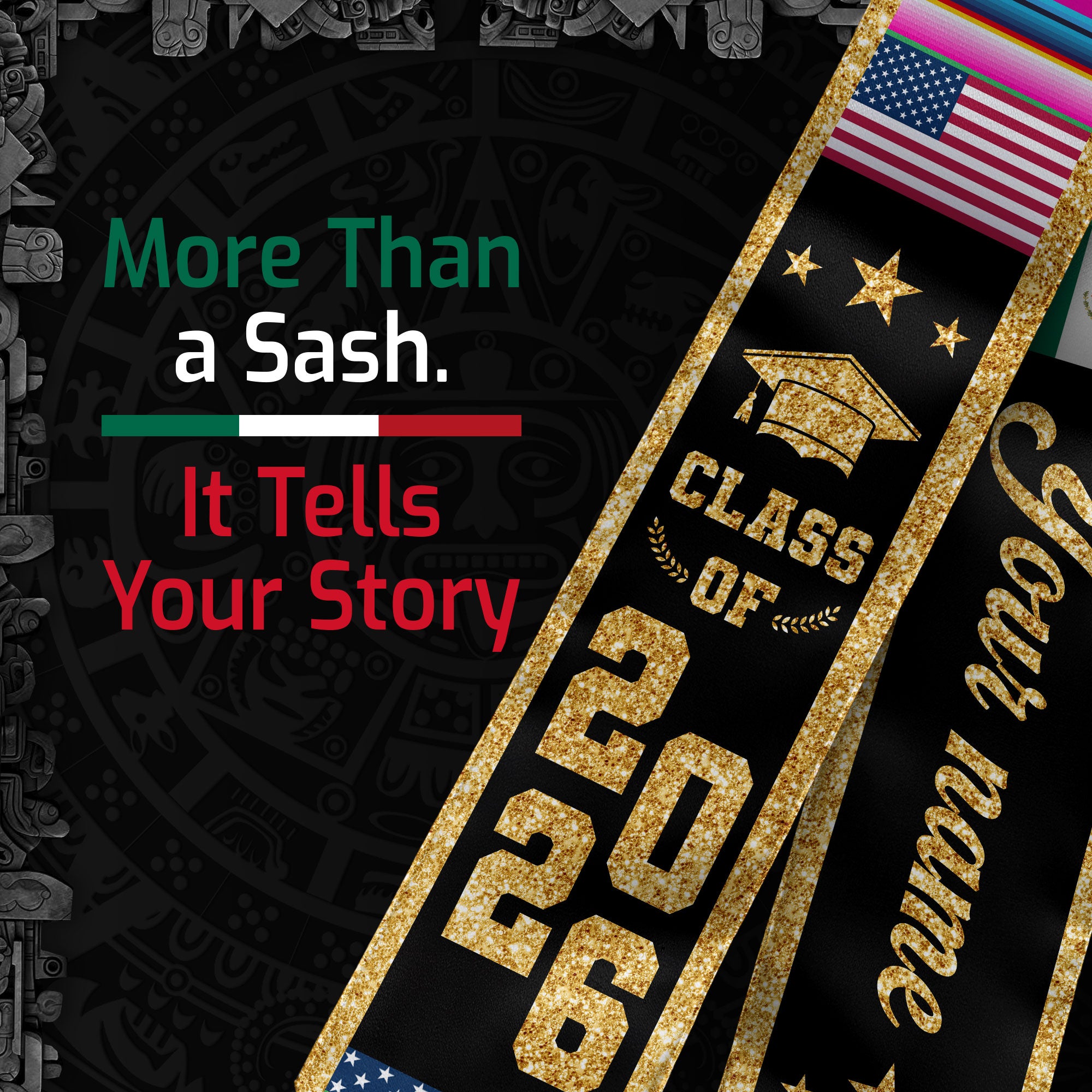 Mexican Graduation Stole Custom Name Mexico USA Flag Serape Gold Glitter Class 2026