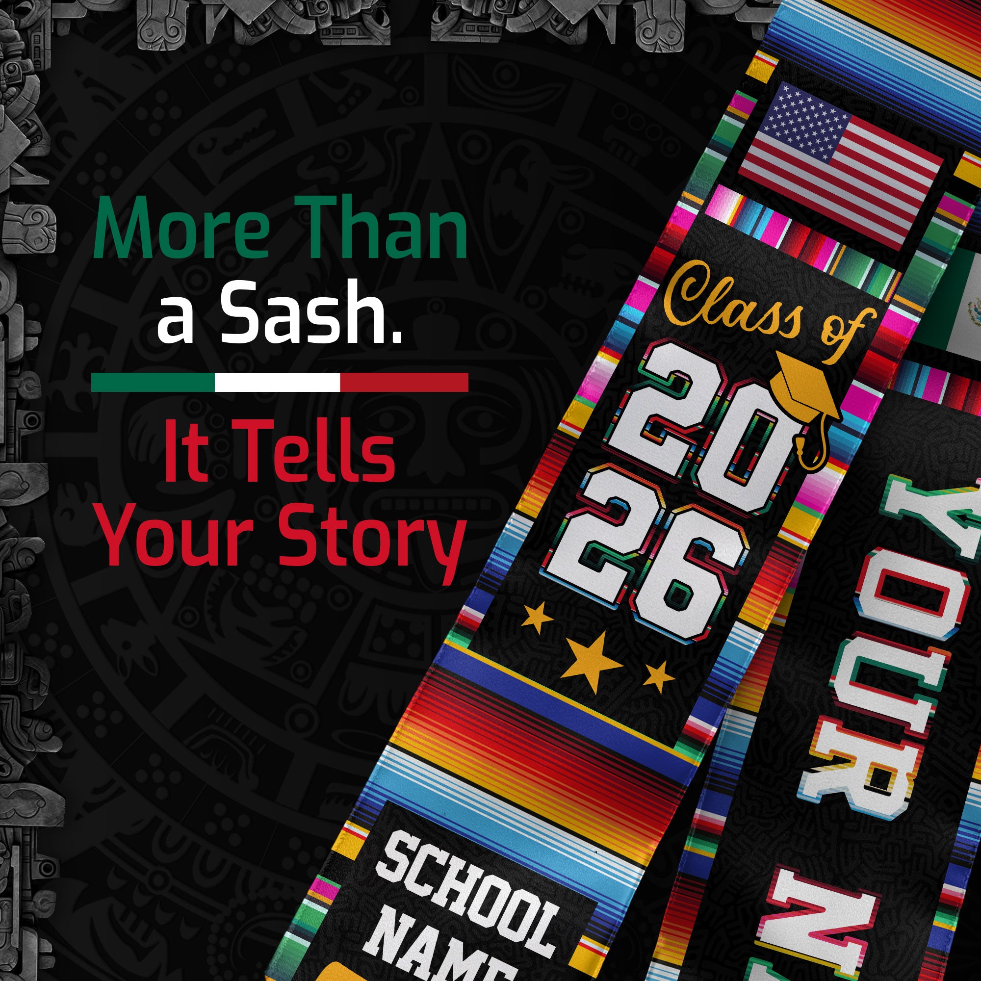 Custom Mexican Graduation Stole Mexico USA Flag Serape Class 2026 Personalized Name