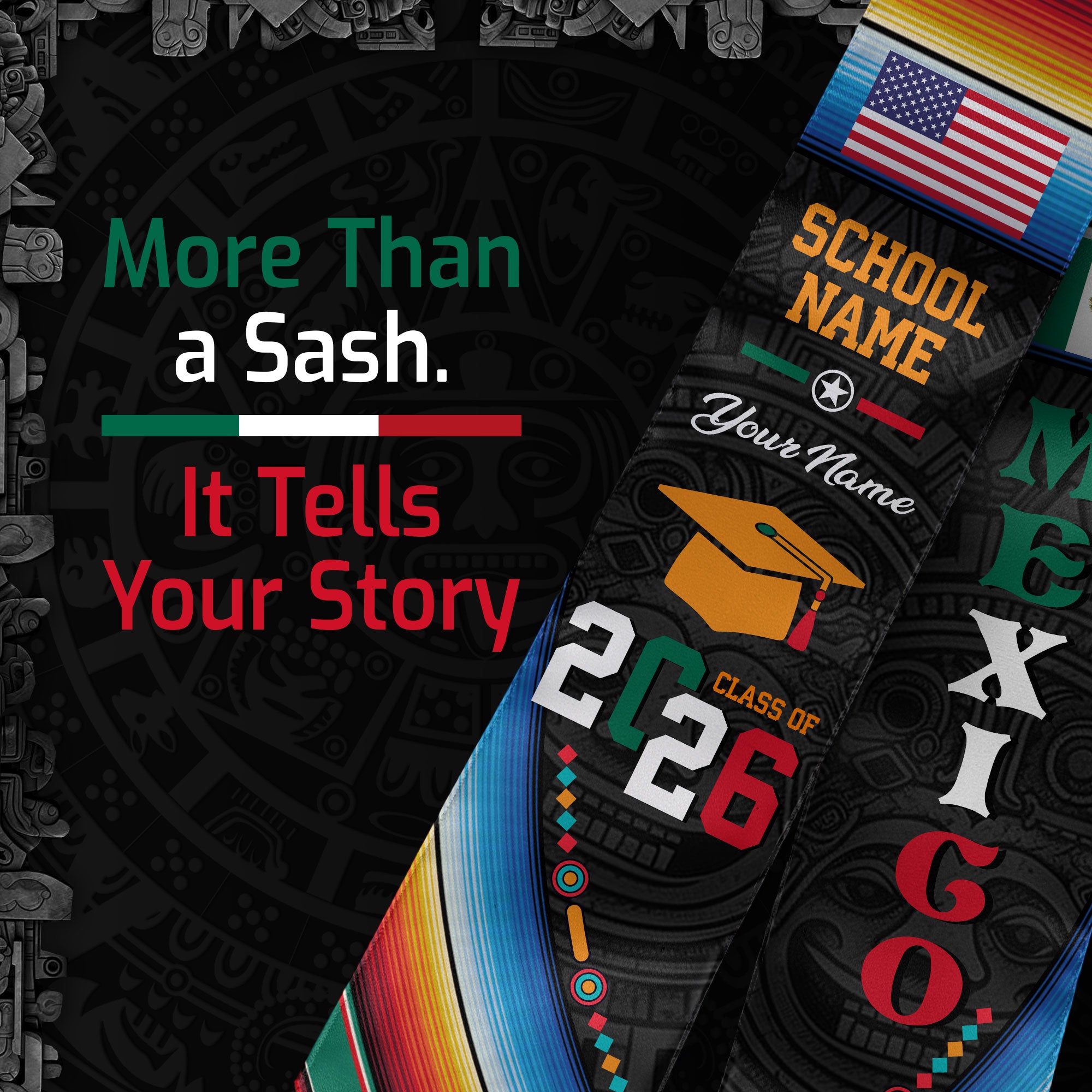 Custom Mexican Graduation Stole Mexico Sash Aztec Pattern Serape USA Flag 2026