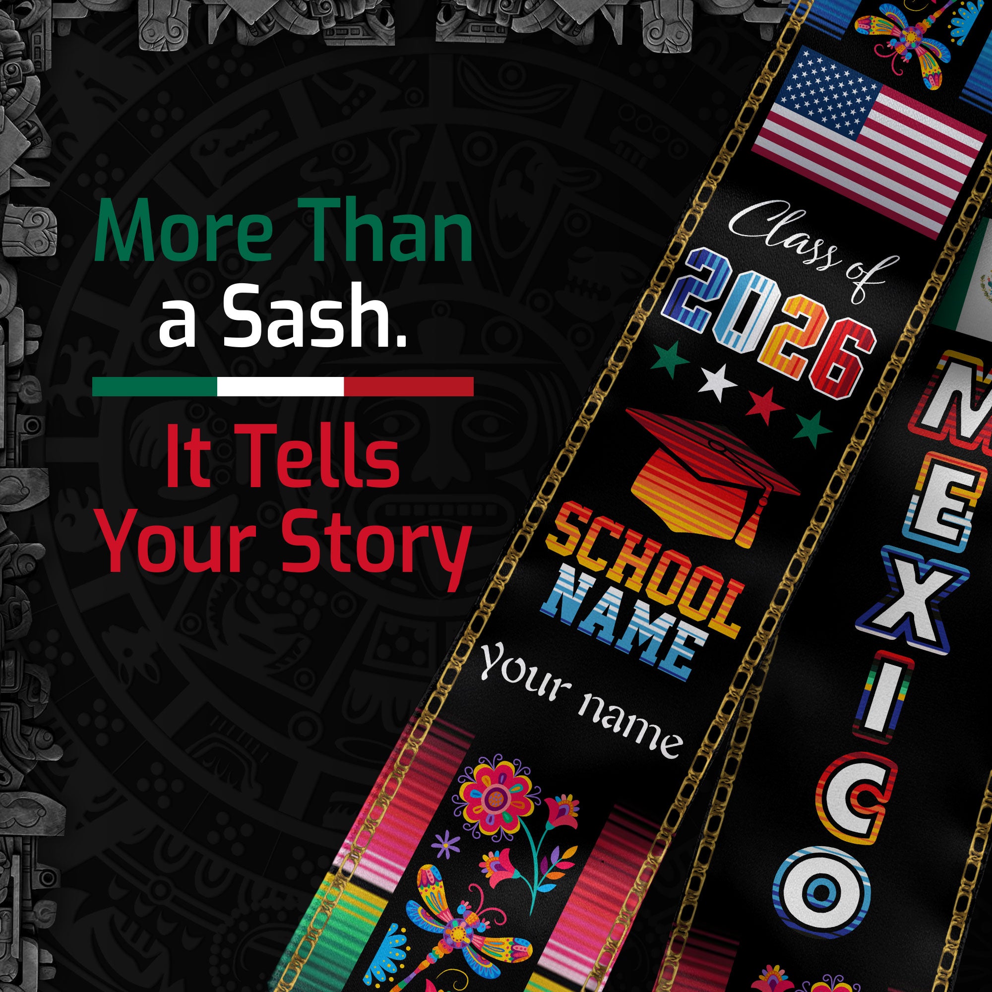 Custom Mexican Graduation Stole Mexico Sash Aztec Floral Butterfly Serape 2026