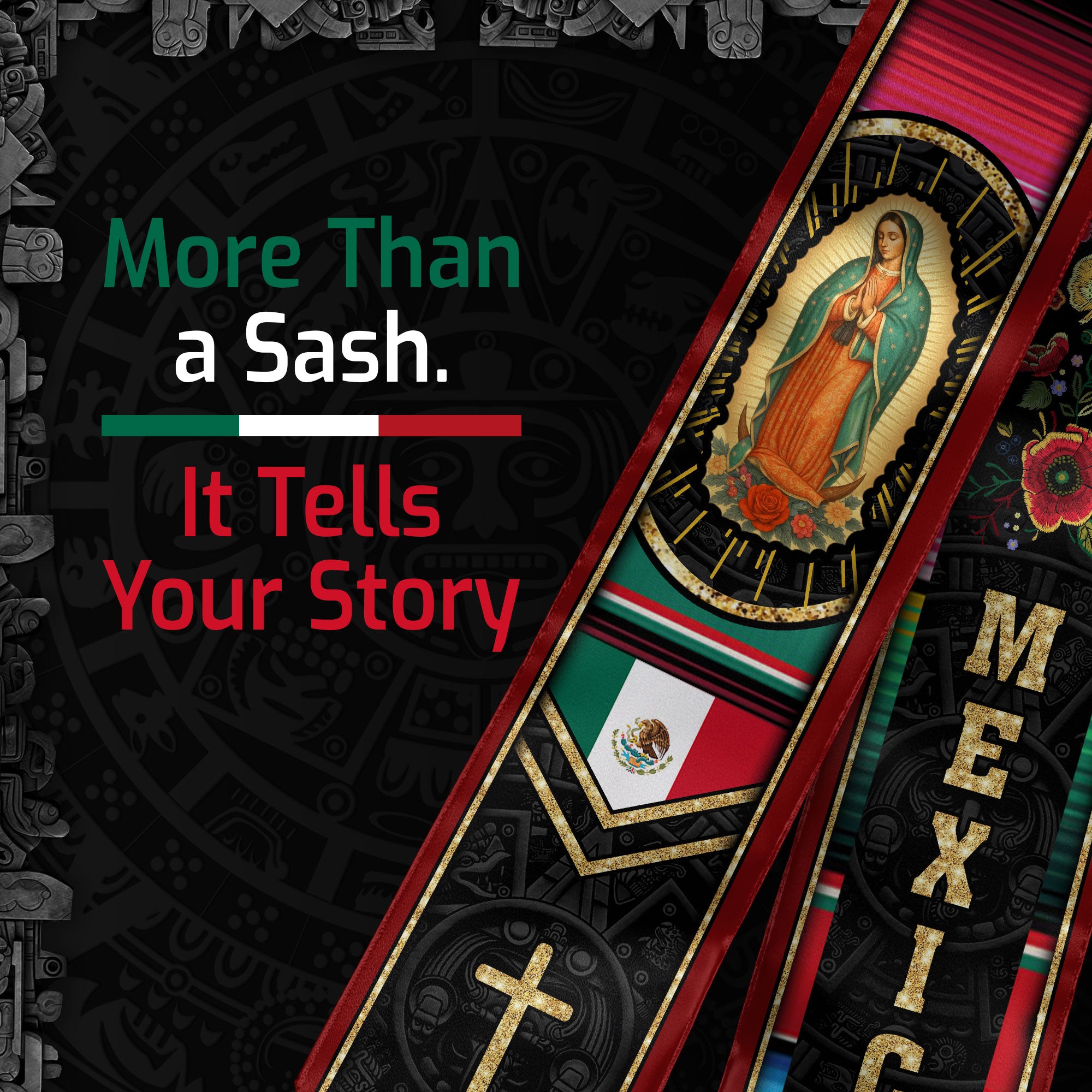 Mexican Graduation Stole Mexico Sash Aztec Virgin Mary Cross Serape Flowers