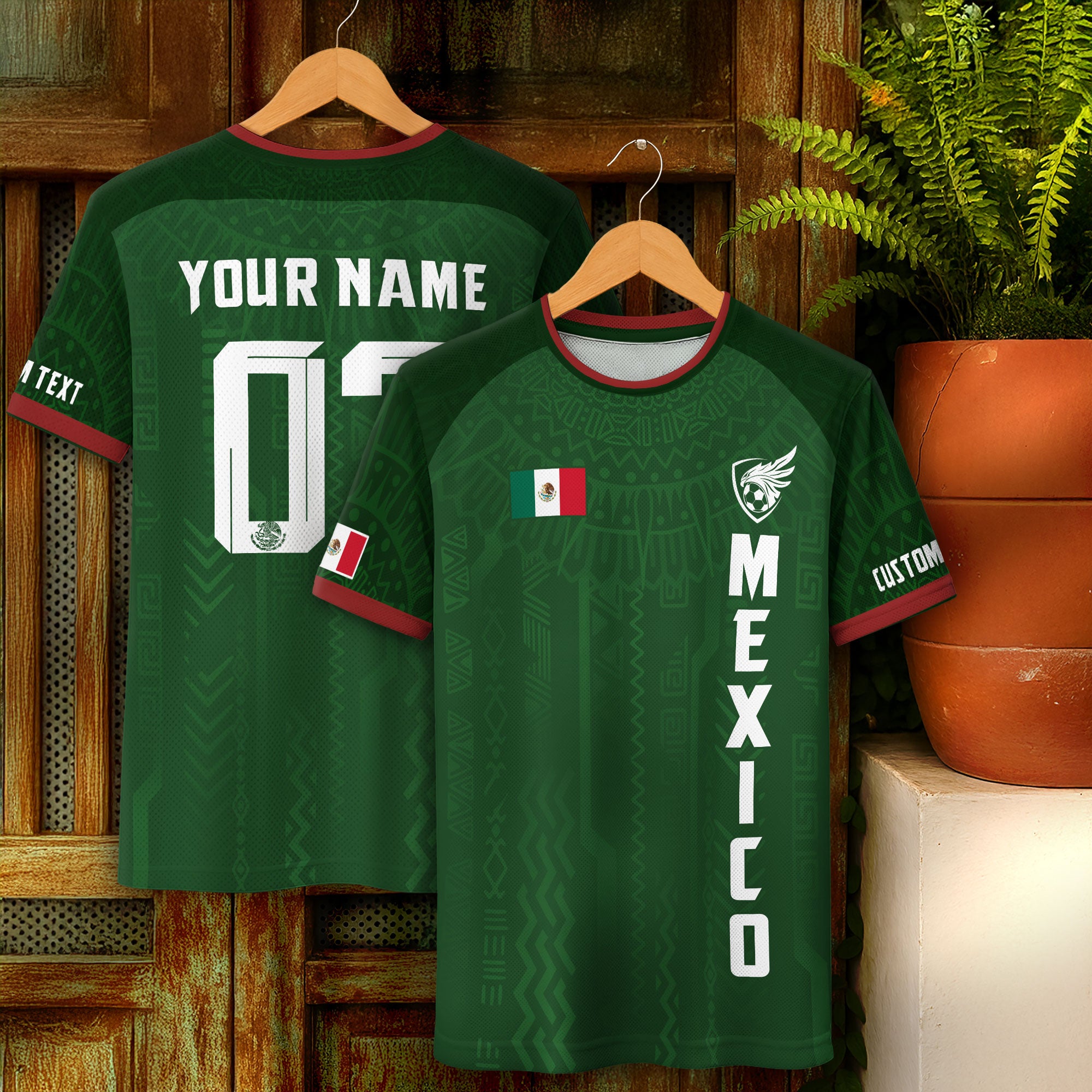 Custom Soccer Jersey Mexico Green Aztec Pattern Design