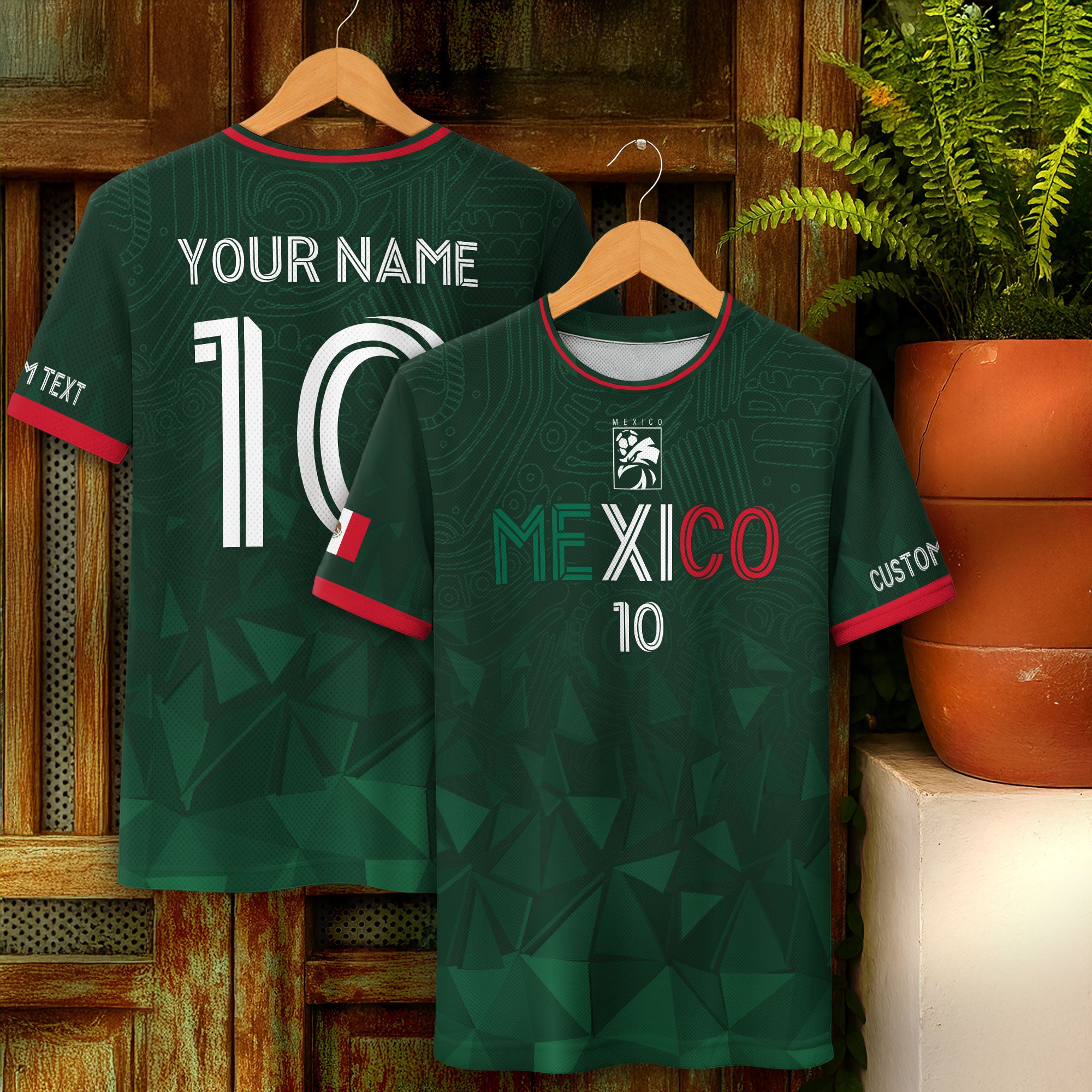 Custom Soccer Jersey Mexico Green Geometric Aztec Design