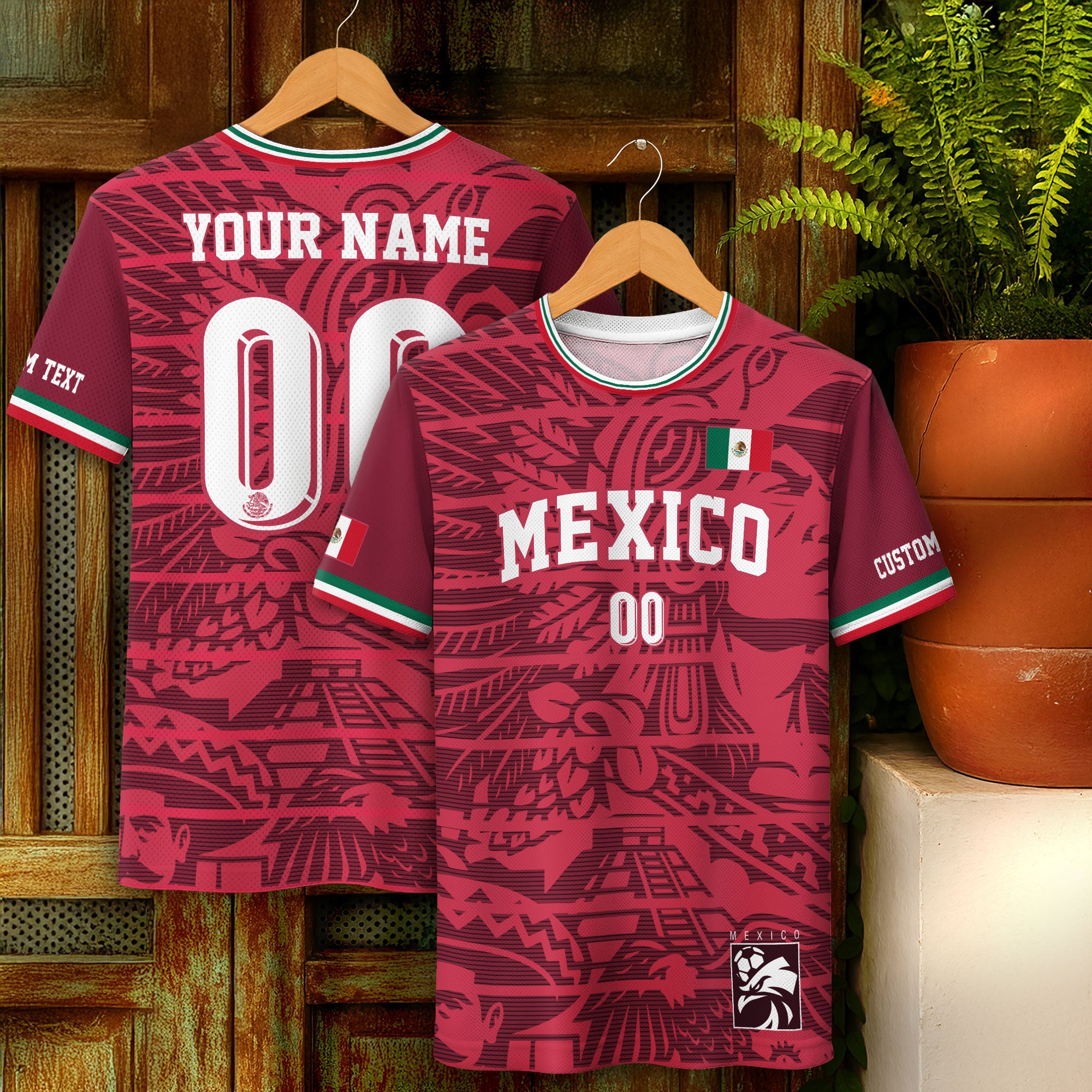Custom Mexico Burgundy Aztec Pattern Design Soccer Jersey