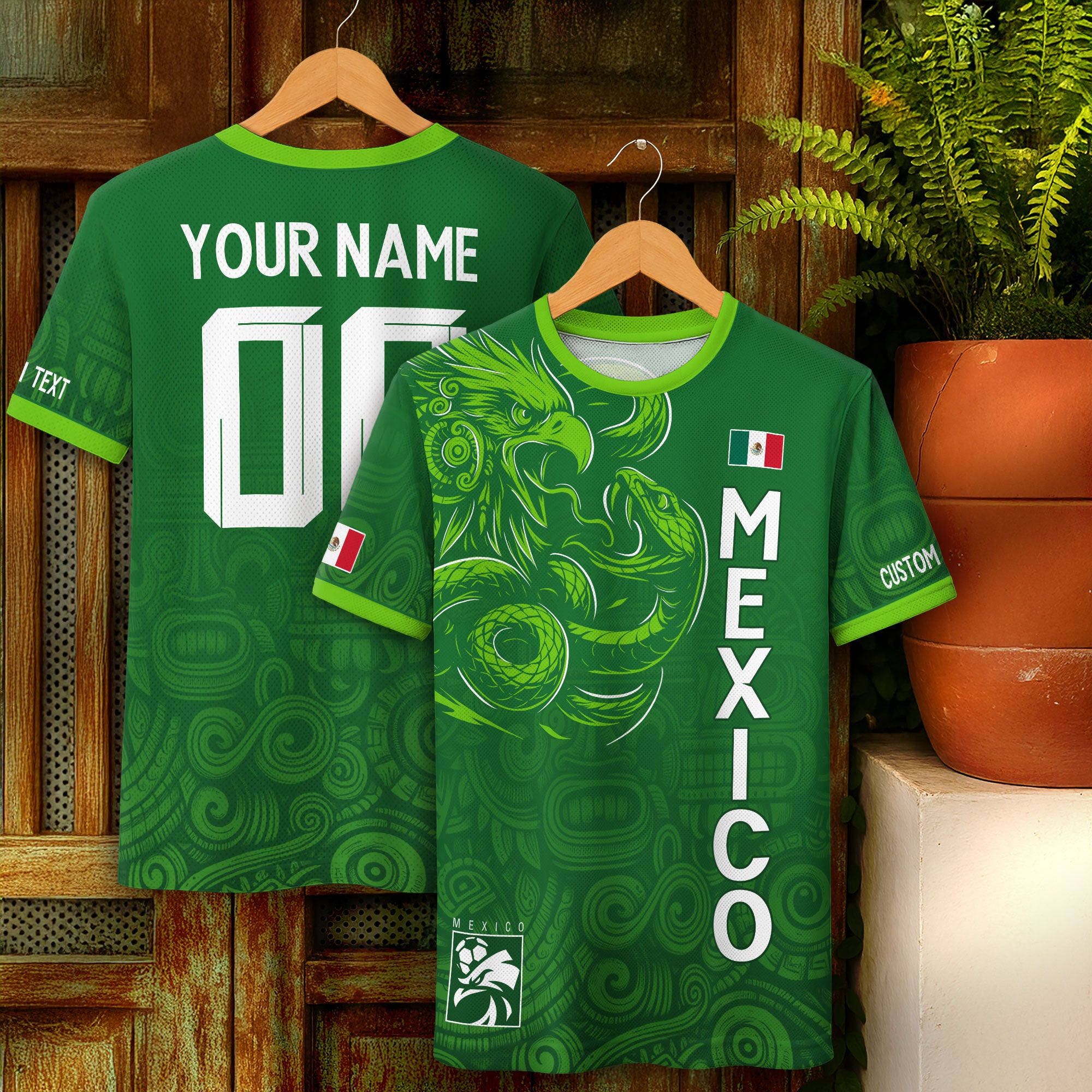 Custom Soccer Jersey Mexico Green Aztec Eagle Serpent Design