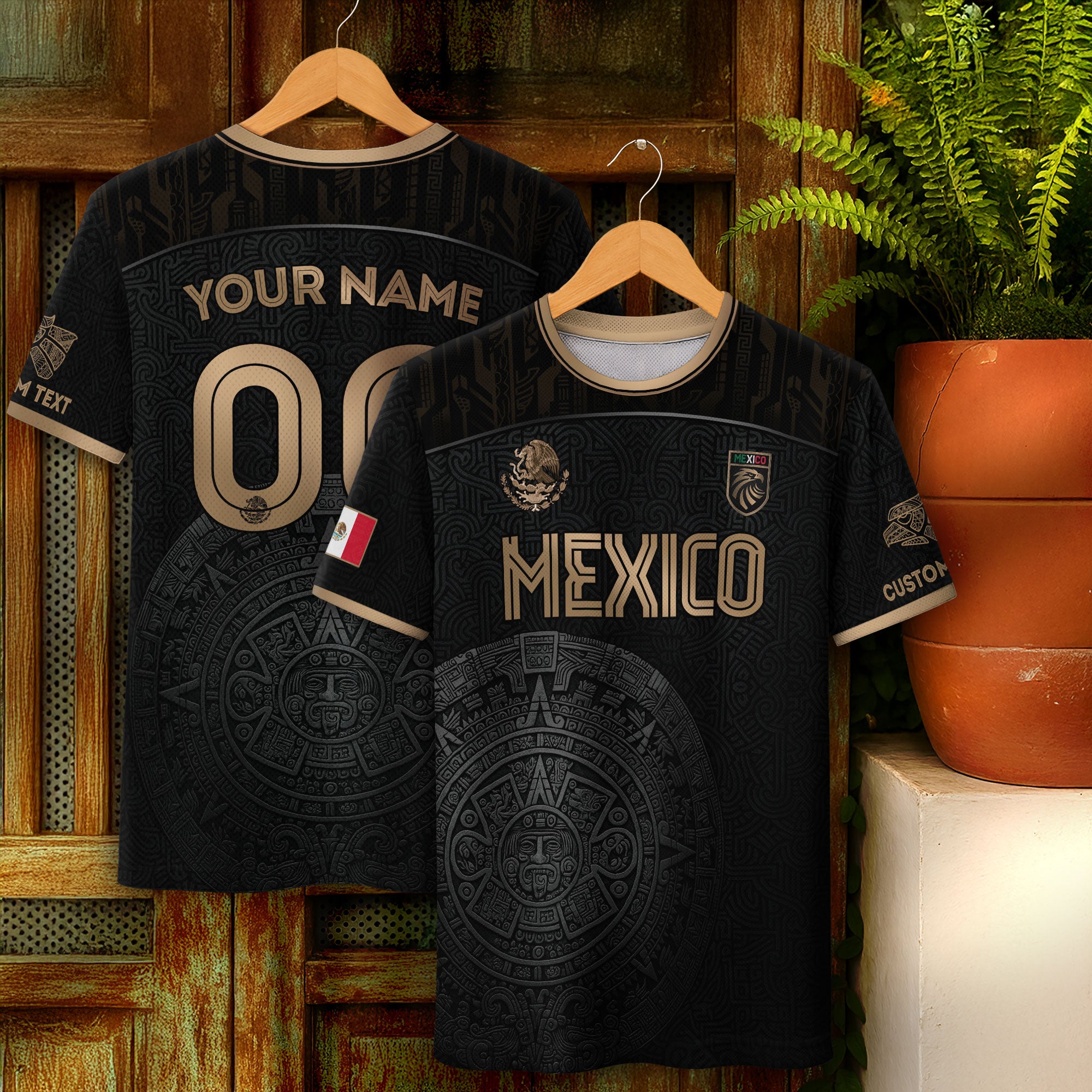 Mexico Custom Soccer Jersey Black Aztec Calendar Gold Edition