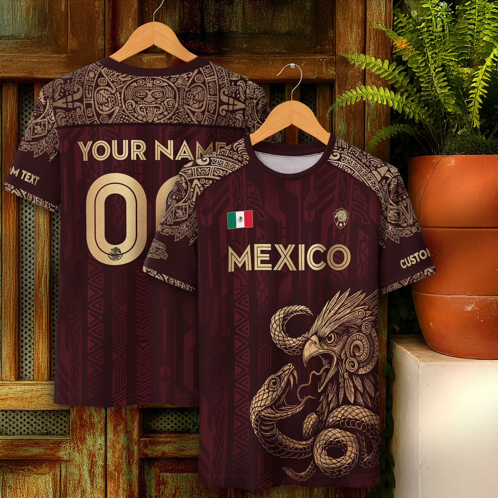 Mexico Custom Soccer Jersey Burgundy Eagle and Serpent Gold Edition