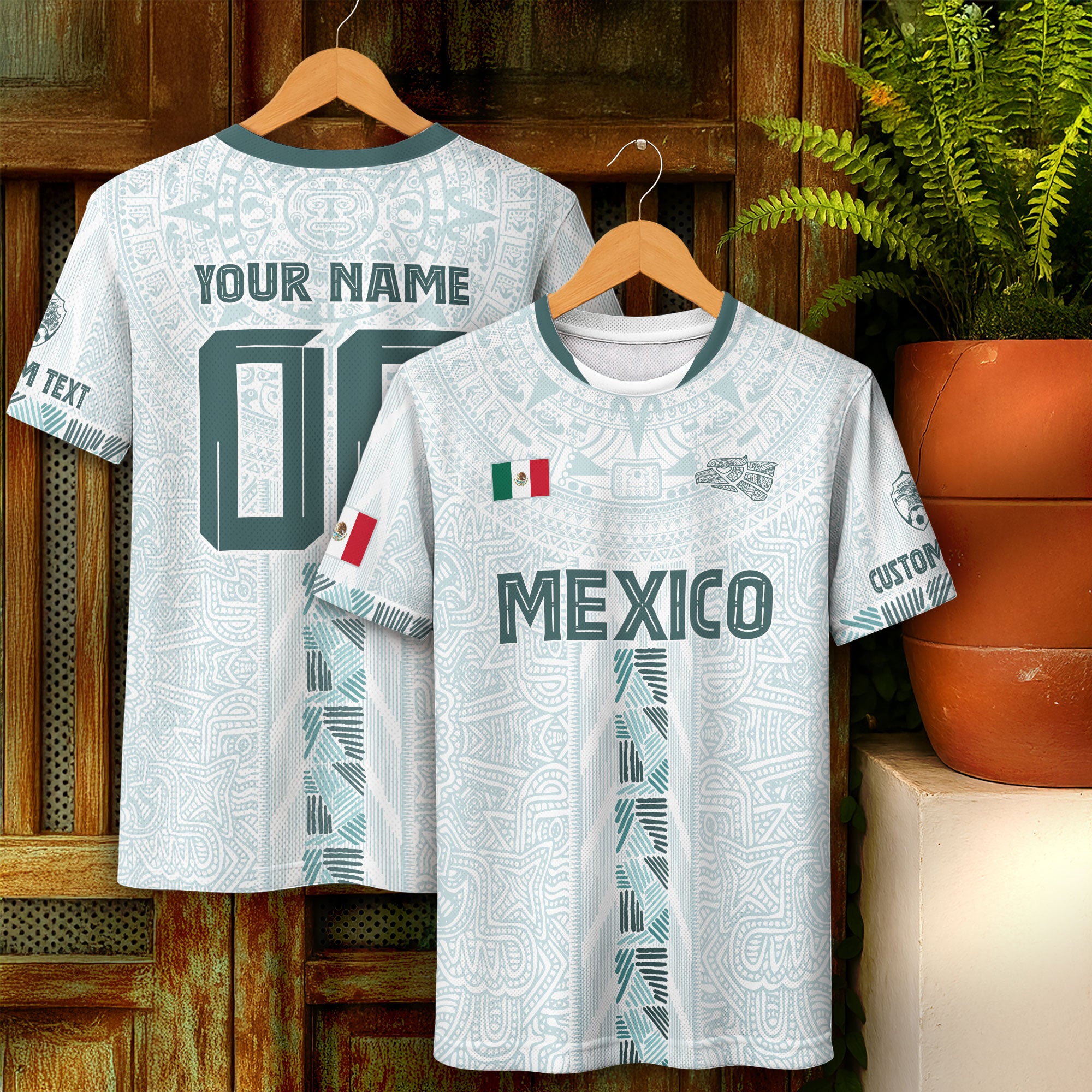 Mexico Custom White Soccer Jersey with Aztec Calendar Design