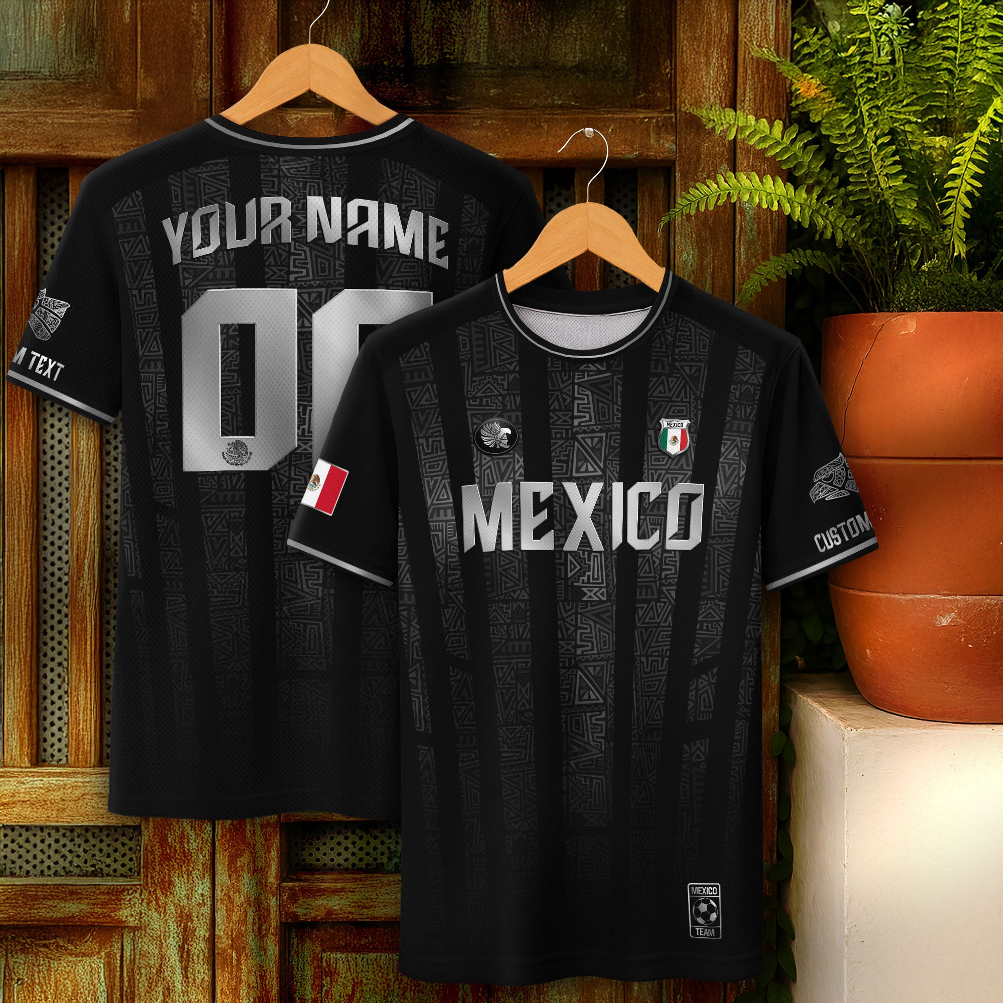 Mexico Custom Black Soccer Jersey with Silver Aztec Pattern