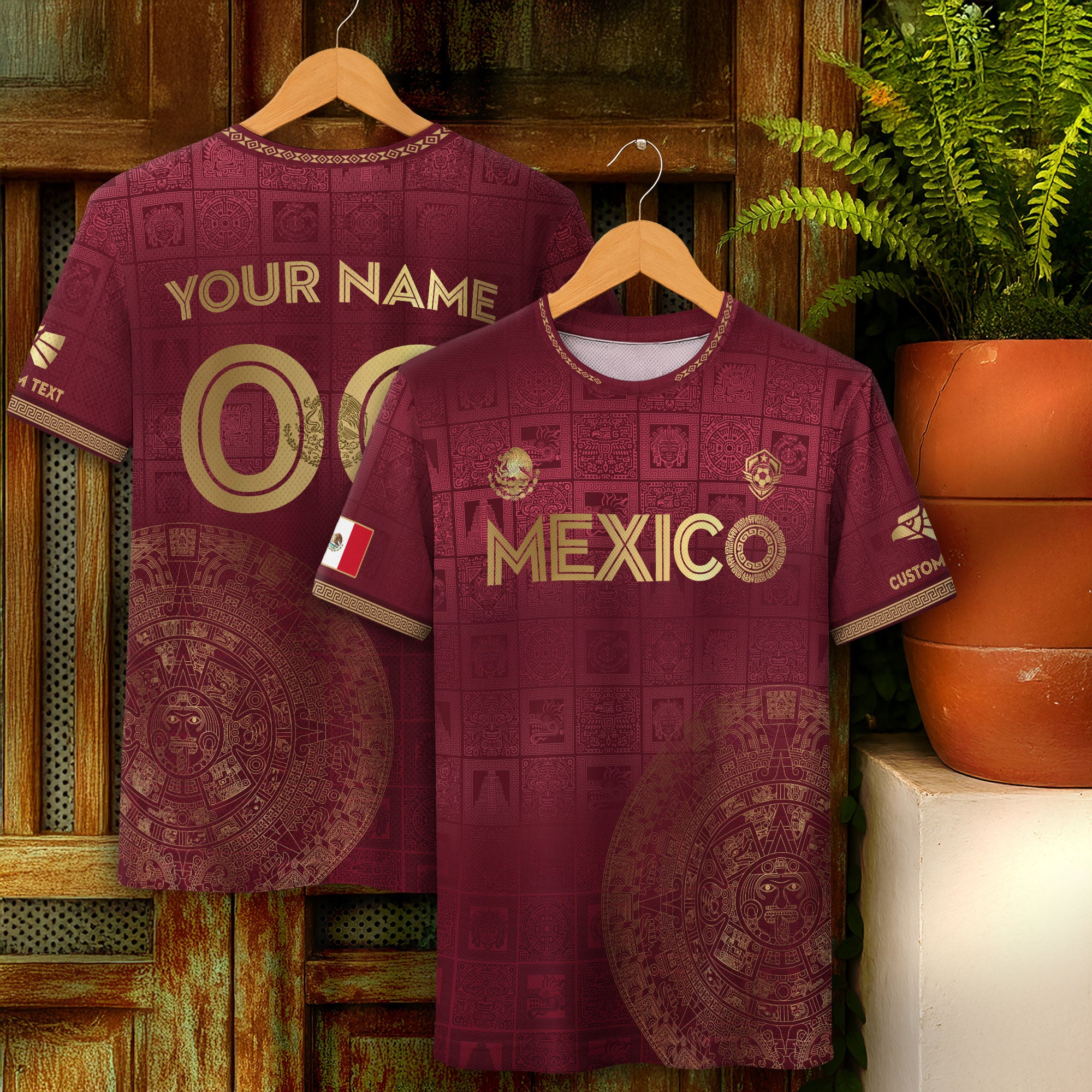 Mexico Custom Maroon with Golden Aztec Calendar Soccer Jersey