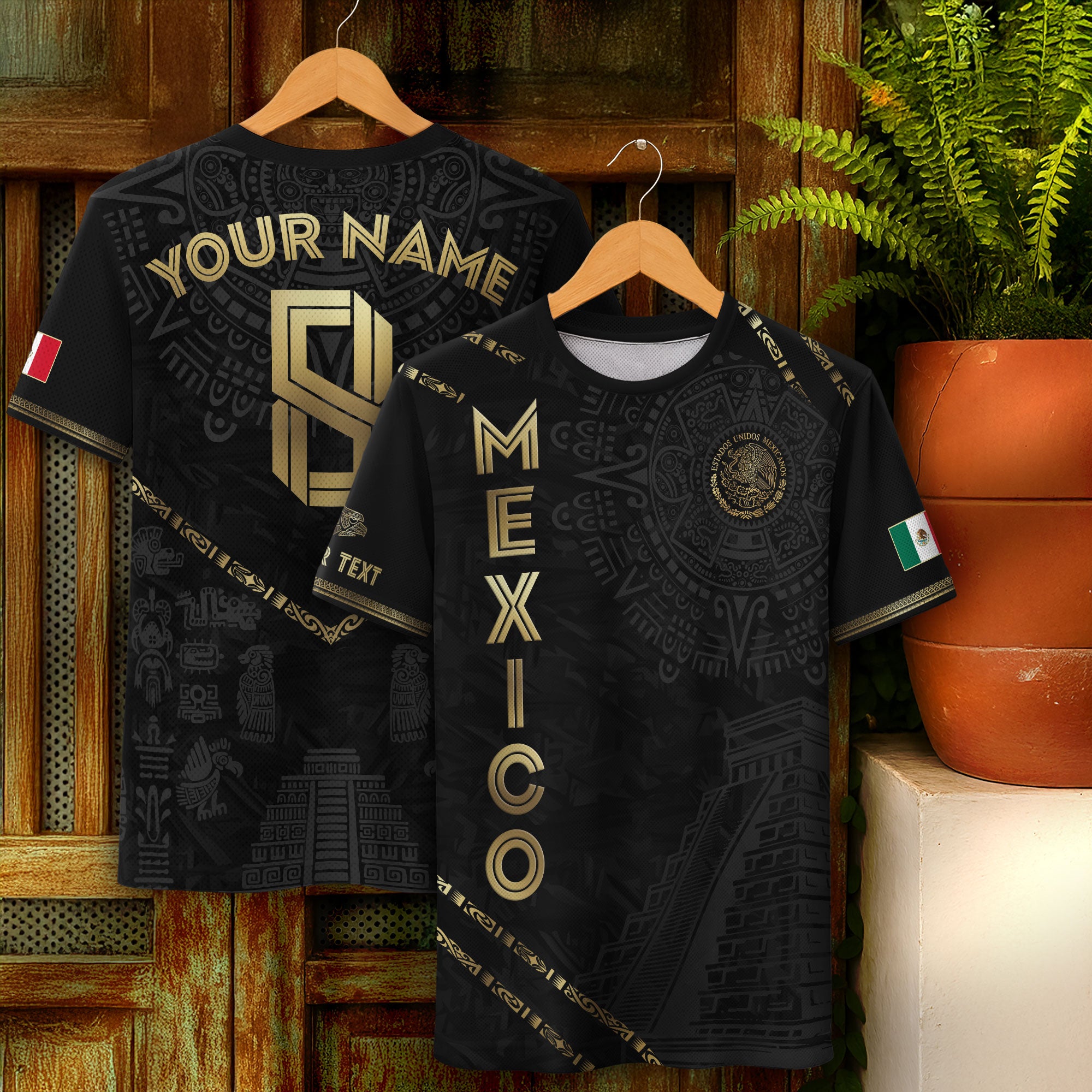 Custom Mexico Black Gold Aztec Calendar Pyramid Design Soccer Jersey