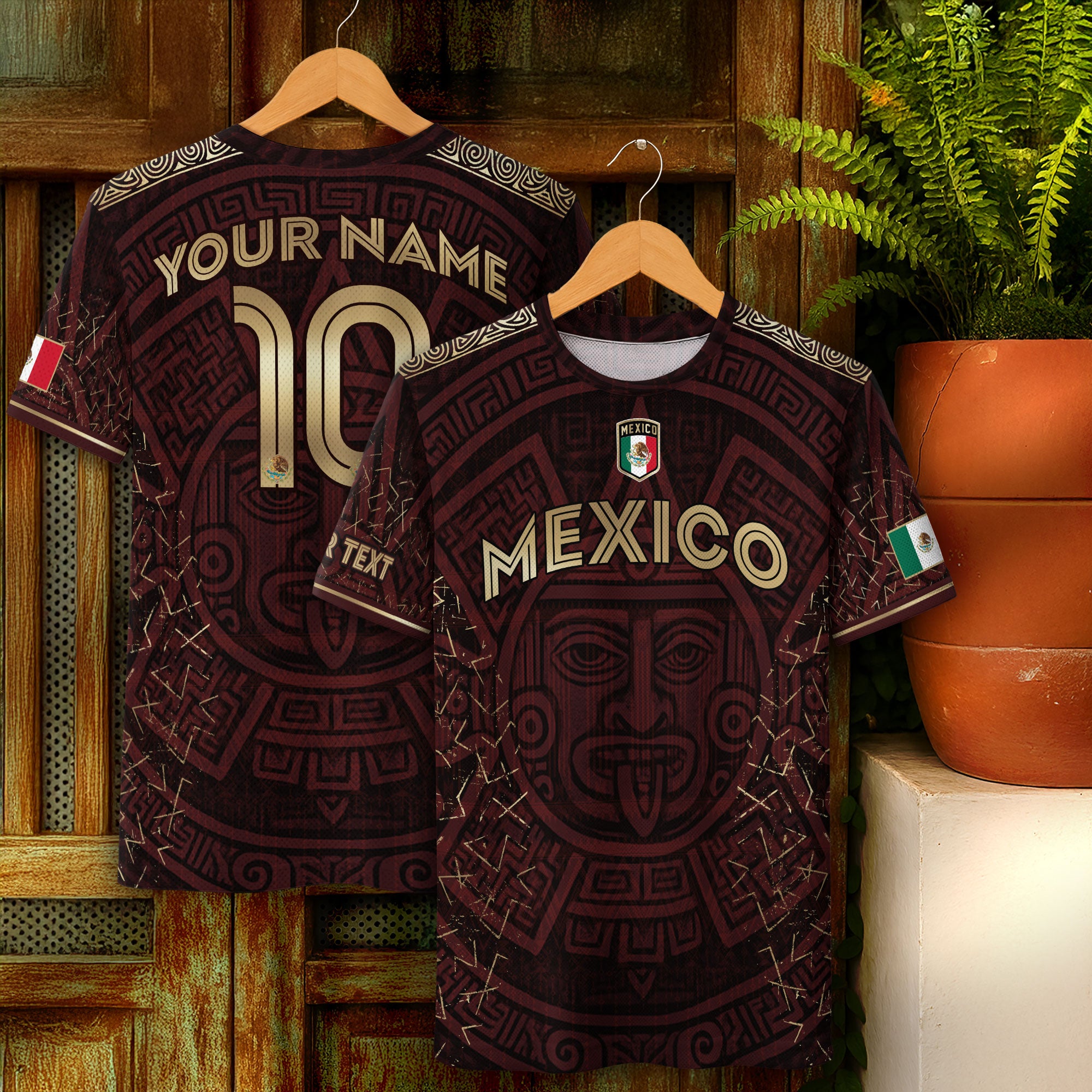 Custom Soccer Jersey Mexico Burgundy Gold Aztec Sun Design