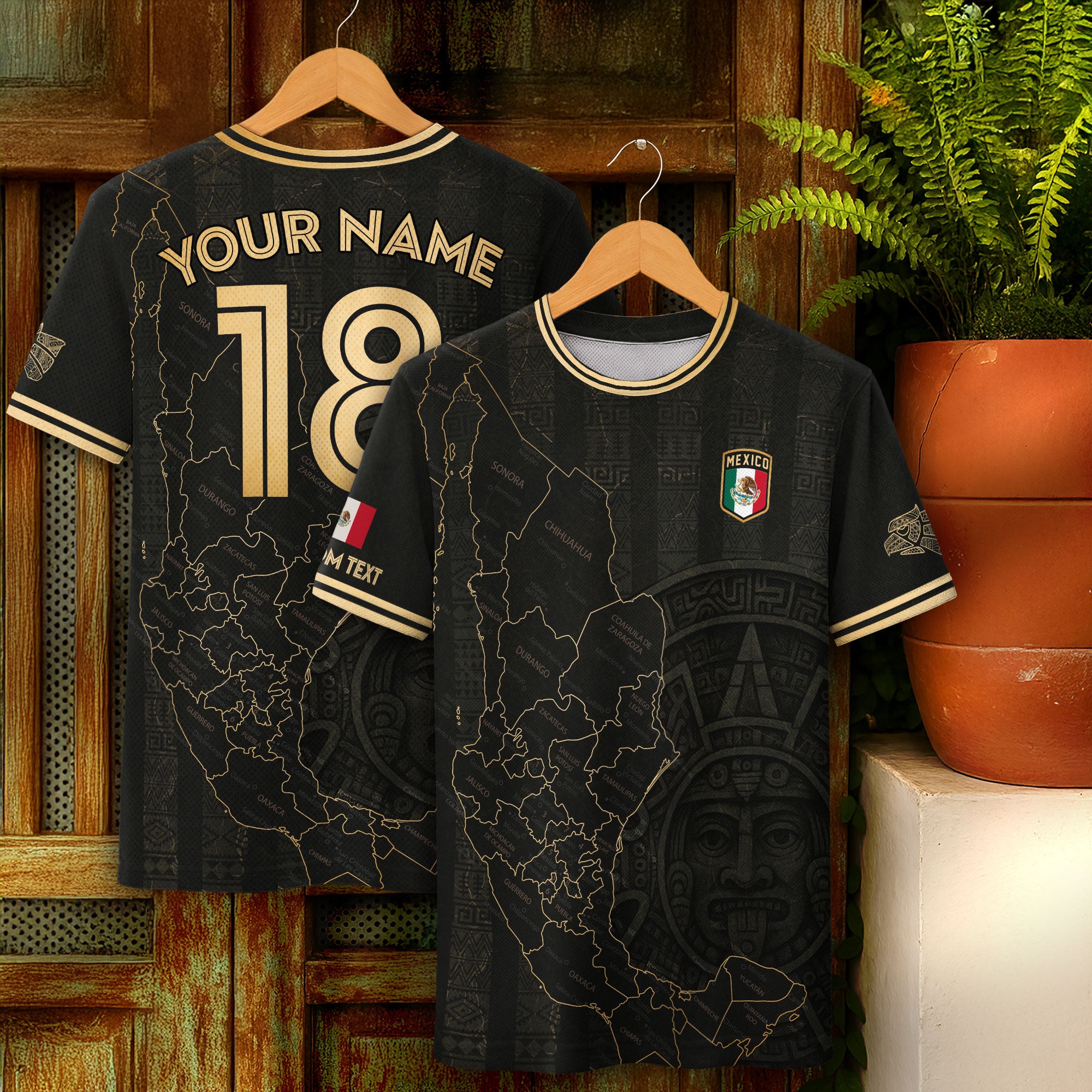 Custom Mexico Black Gold Map Aztec Sun Design Soccer Jersey