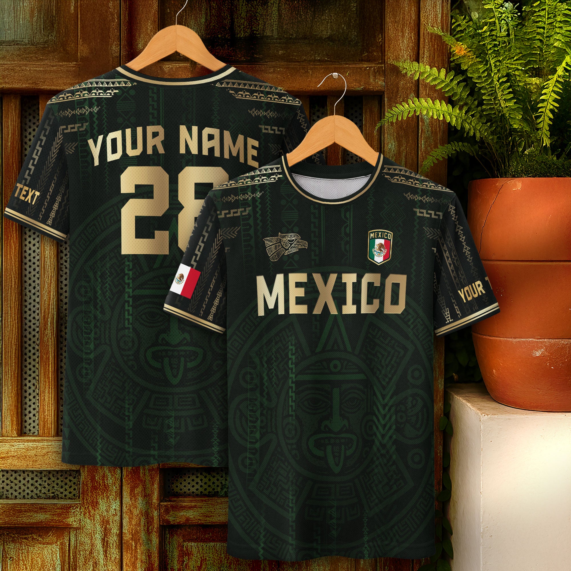 Custom Mexico Dark Green Gold Aztec Sun Design Soccer Jersey