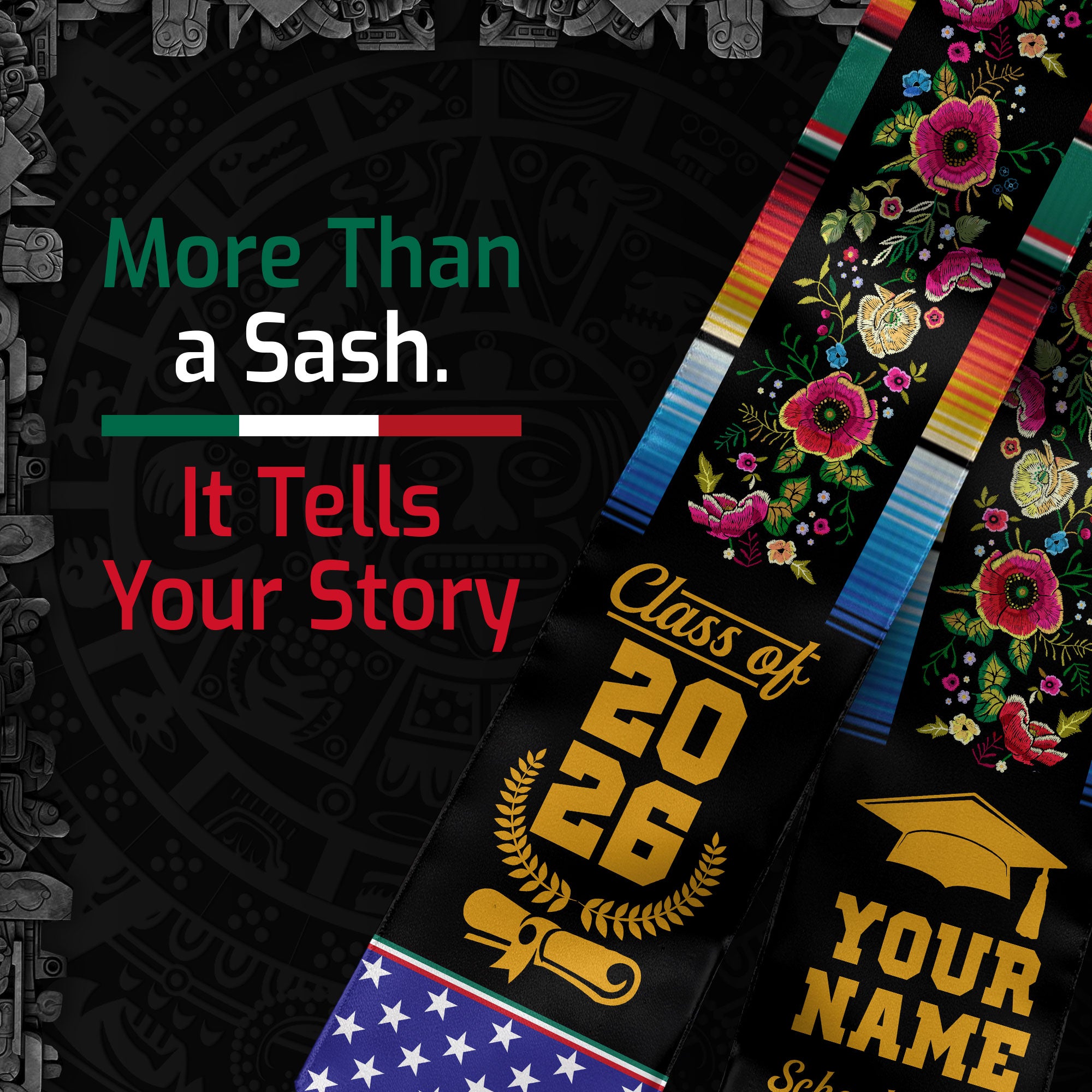 Custom Mexican Graduation Stole Mexico USA Flag Serape Floral Class 2026