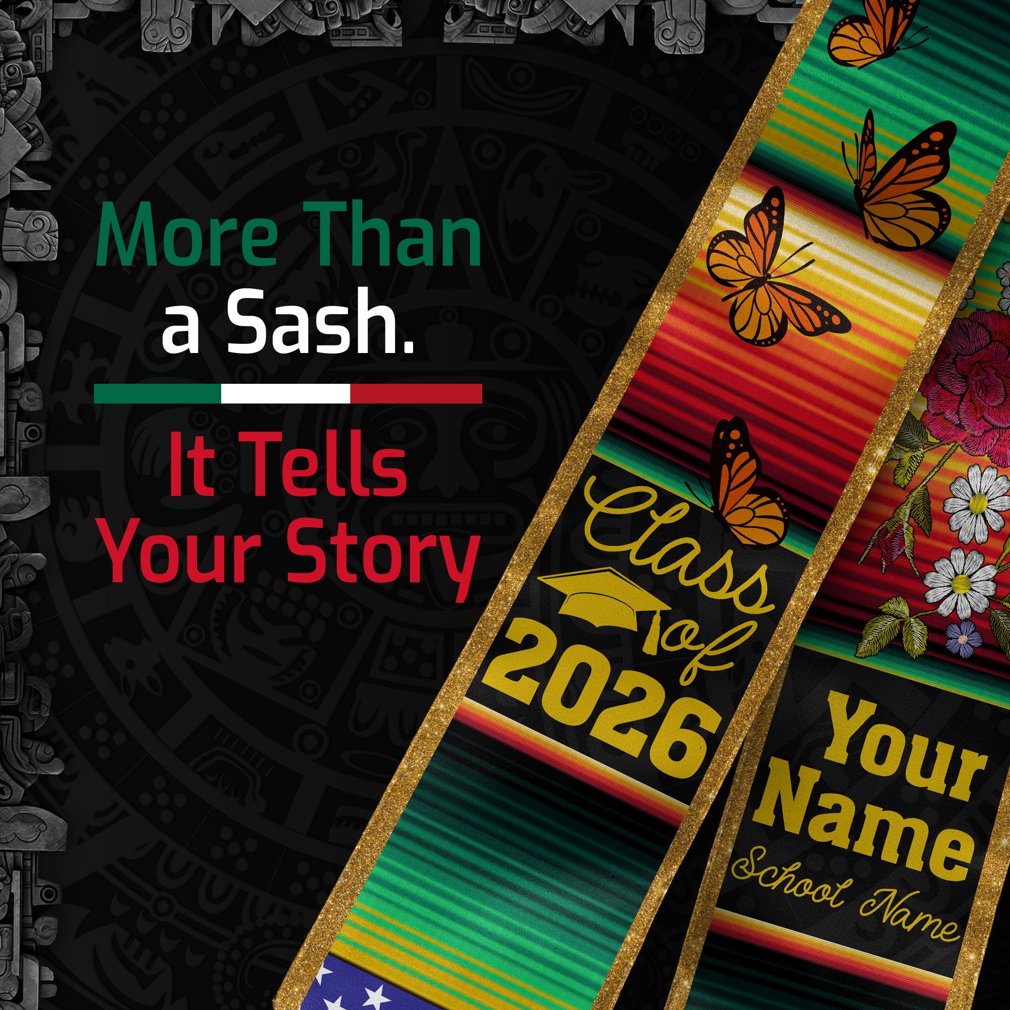 Custom Mexican Graduation Stole Mexico USA Flag Serape Butterfly Floral Class 2026