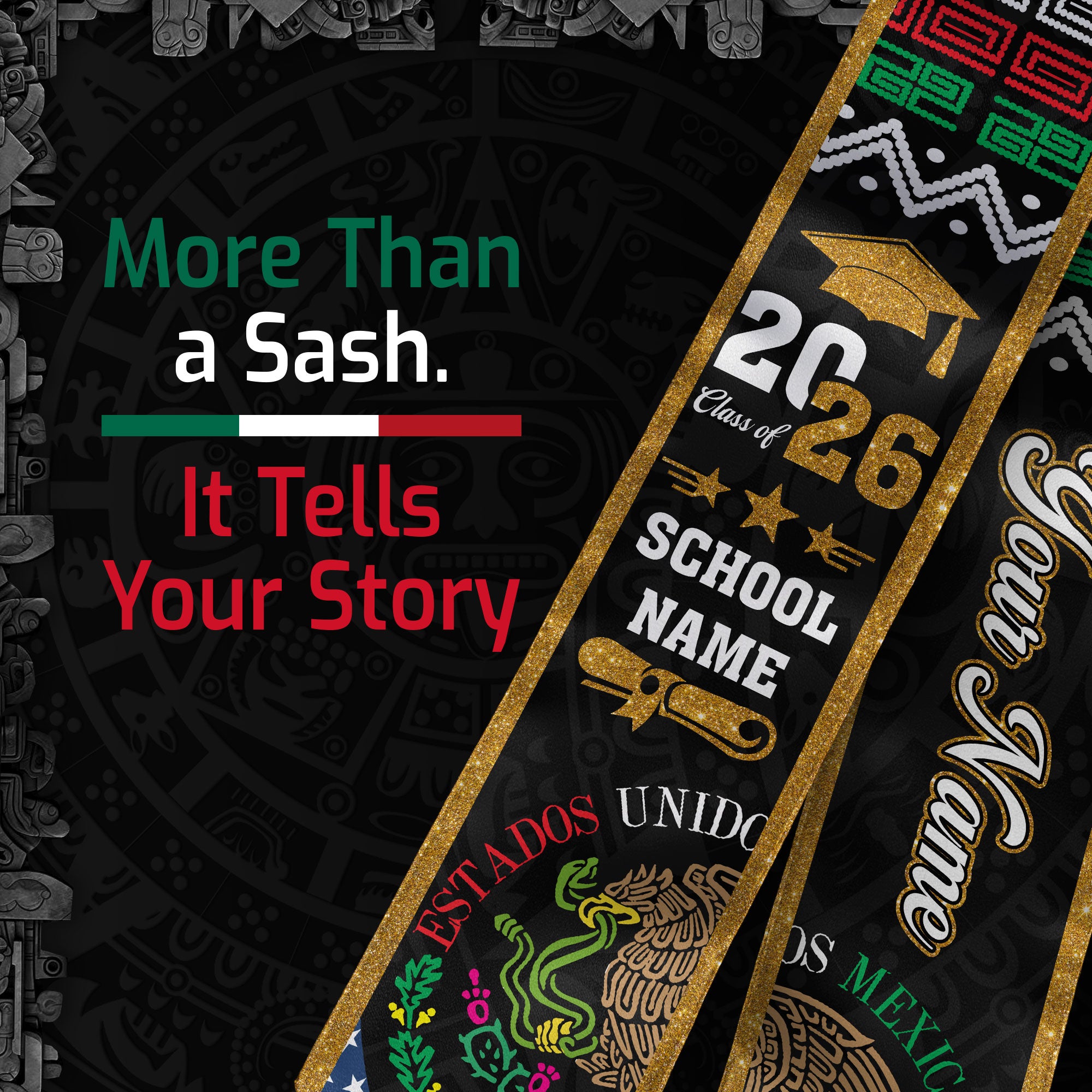 Custom Mexican Graduation Stole Mexico USA Flag Aztec Eagle Glitter Class 2026