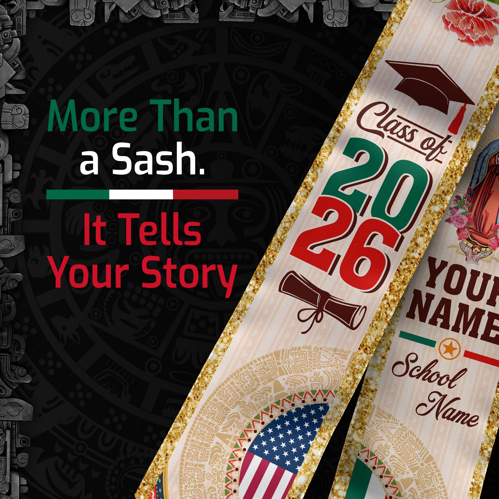 Custom Mexican Graduation Stole Aztec Calendar Virgin Mary USA Mexico Flag 2026