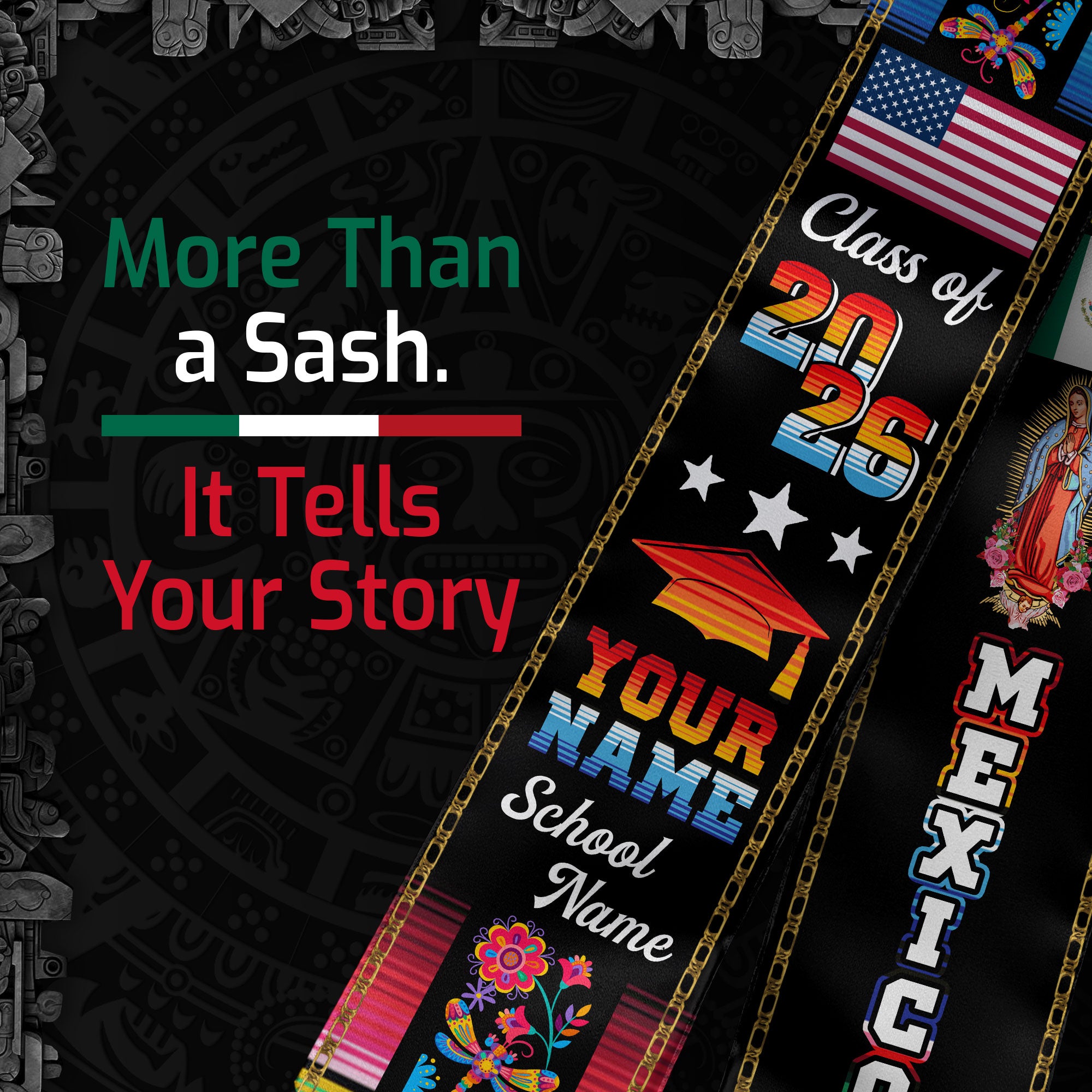 Custom Mexican Graduation Stole 2026 Aztec Floral Butterfly Virgin Mary USA Mexico Flag