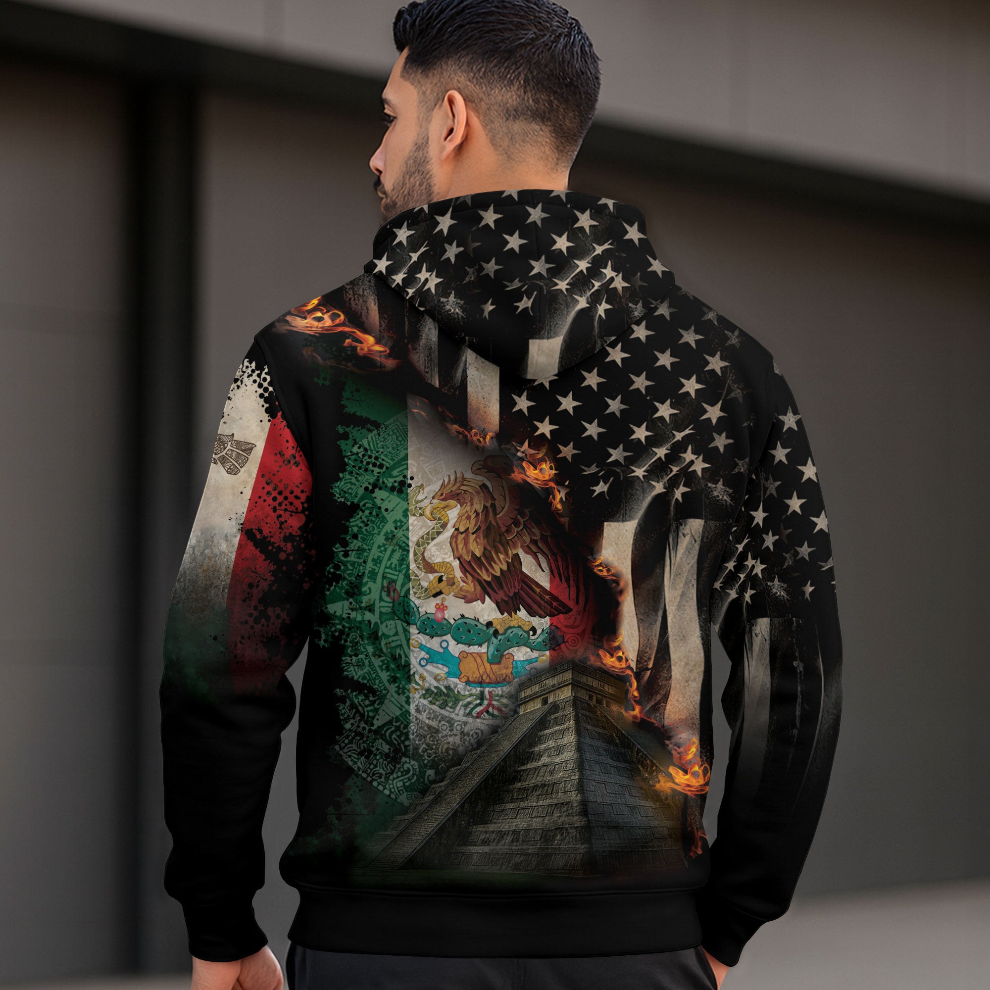 Mexico USA Flag Aztec Pyramid Heritage Unity Warrior Hoodie
