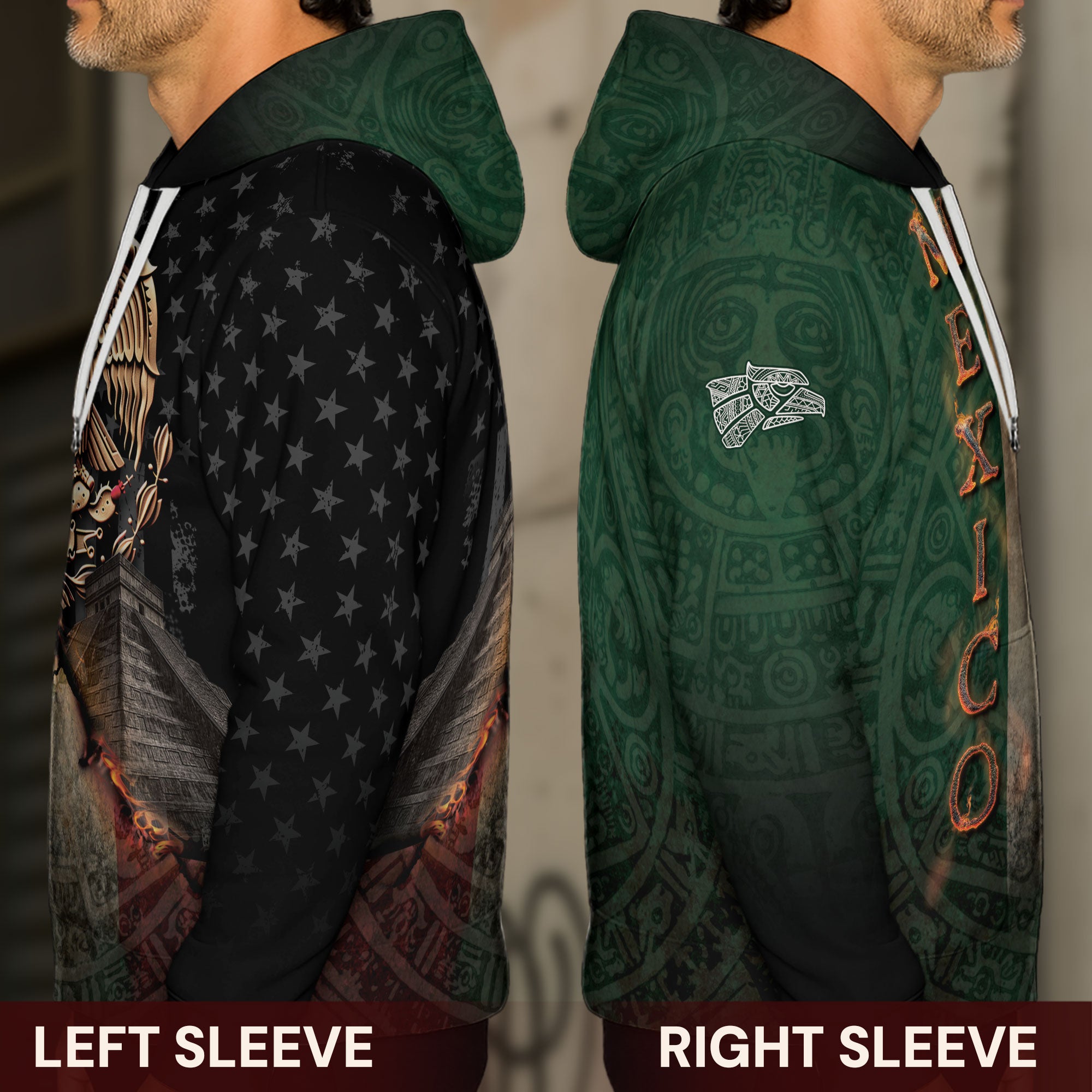 Mexico Flag Golden Eagle Fire Aztec Pyramid Heritage Power Warrior Hoodie