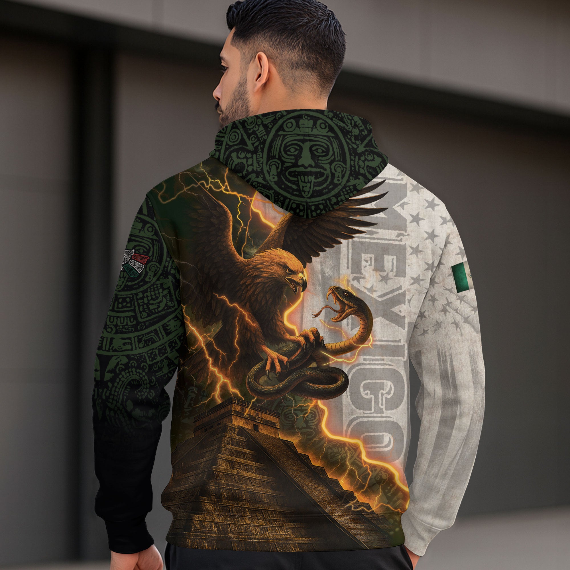 Mexico Flag Eagle Serpent Lightning Aztec Pyramid Heritage Power Pride Hoodie