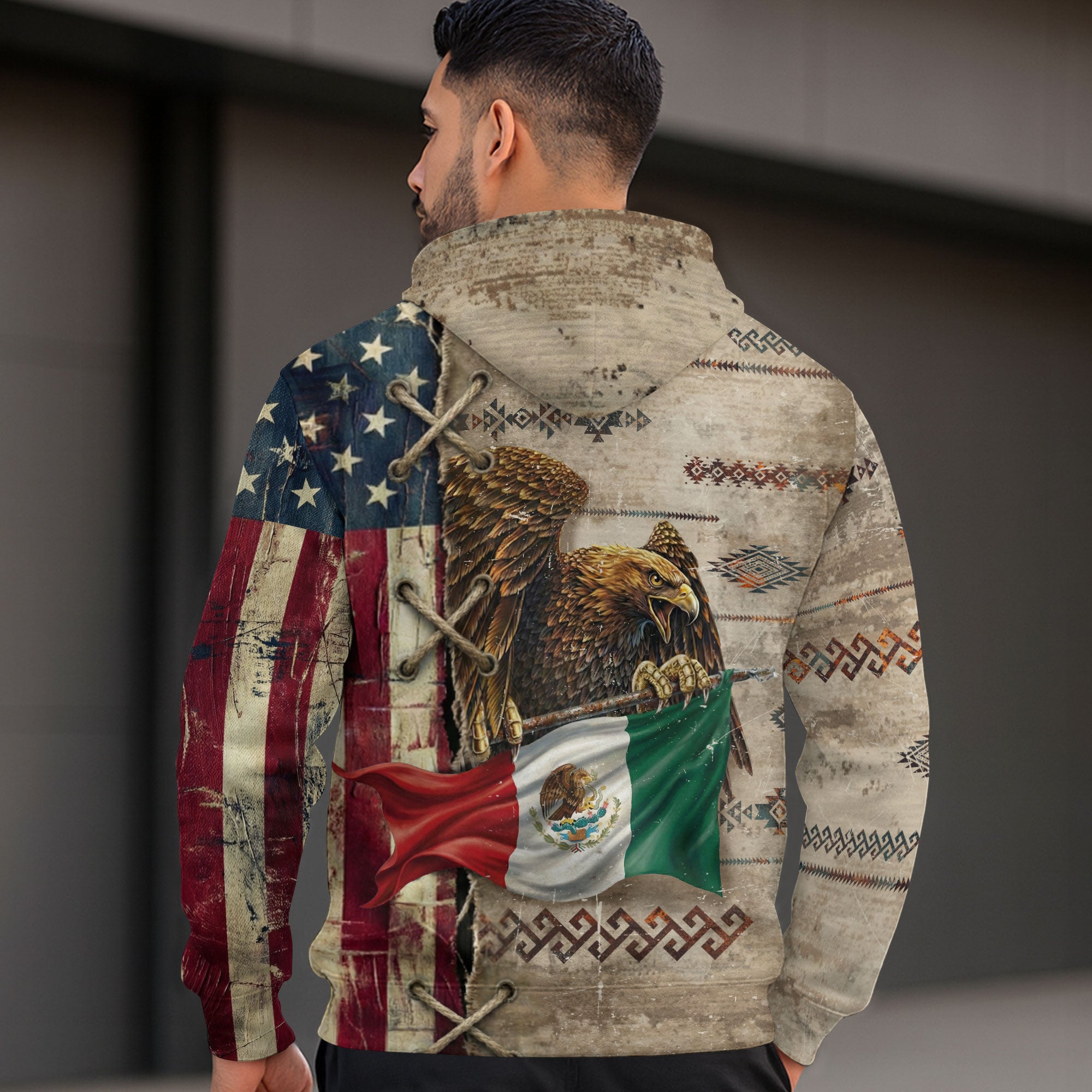 Mexican American Aztec Eagle Heritage Flag Design Mens Hoodie