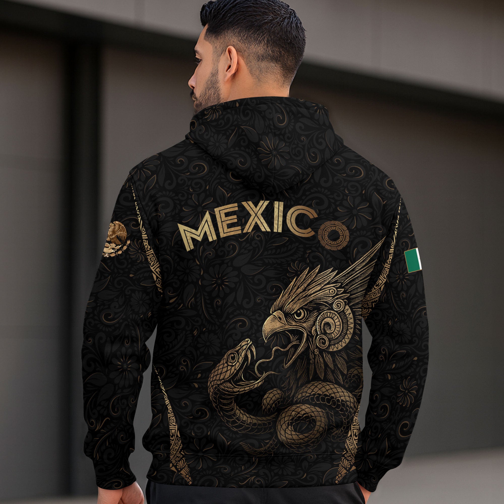 Mexican Gold Eagle Snake Floral Pattern Mens Sudadera De Mexico Heritage Hoodie