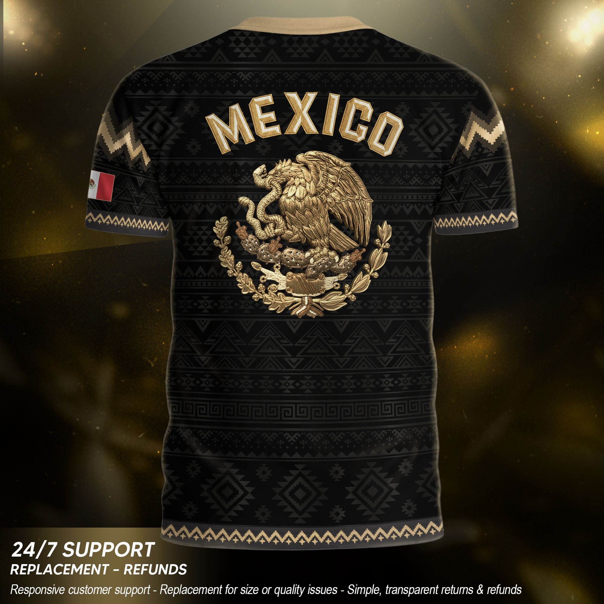 Mexico Heritage Soccer Jersey, Black Gold Aztec Pattern Design Jersey For Men