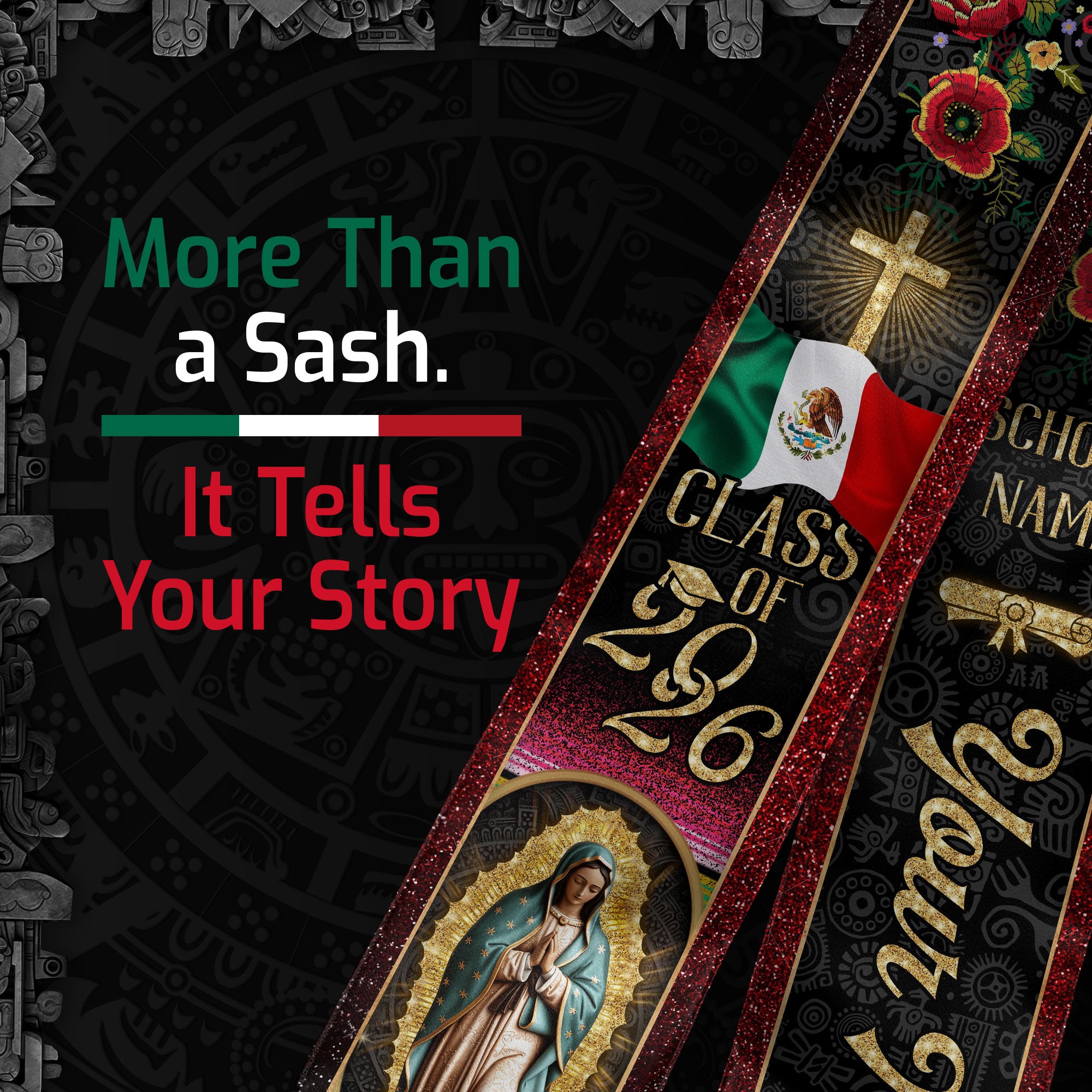 Custom Mexican Graduation Stole Class of 2026 Aztec Pattern Mexico Sash Virgin Mary