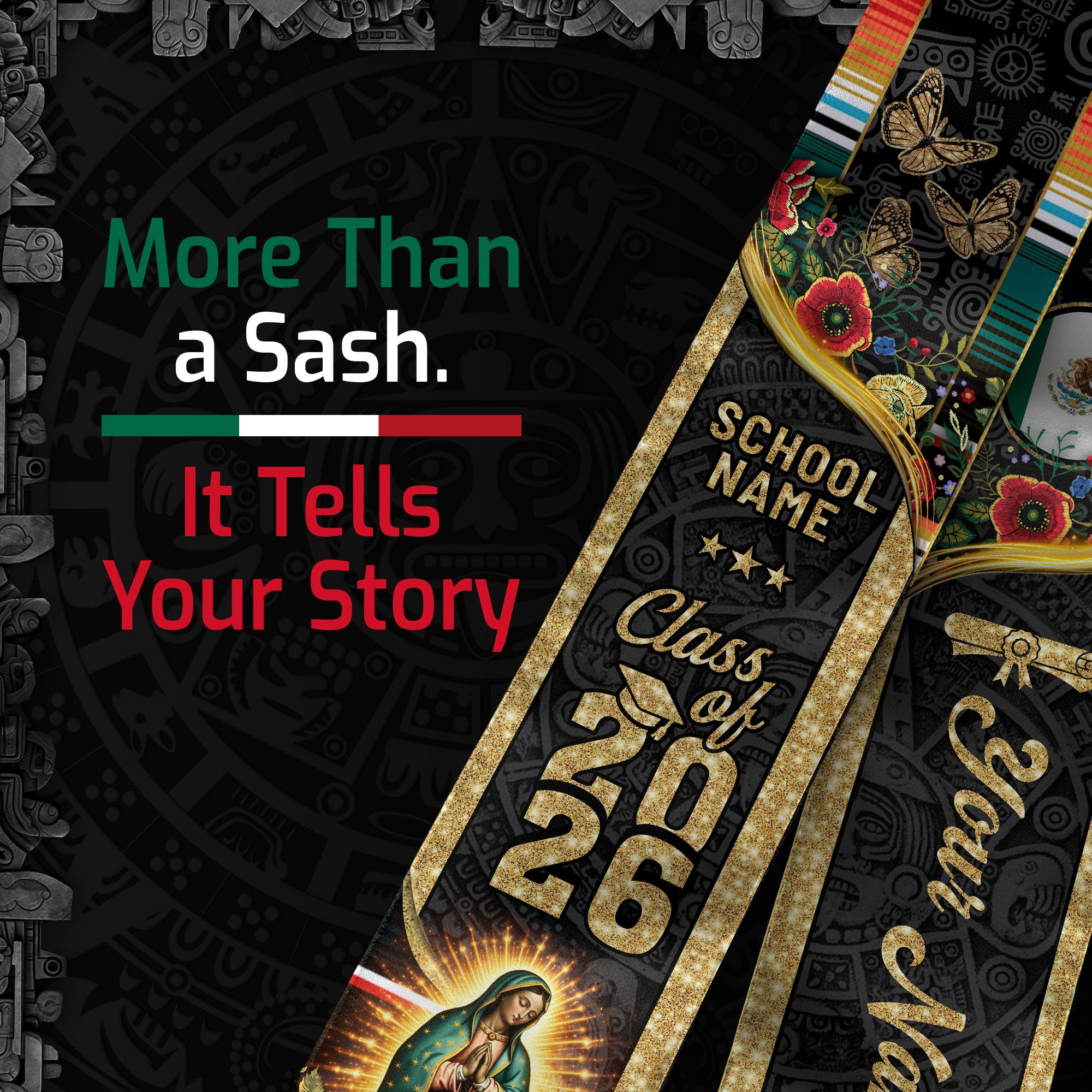 Custom Mexican Graduation Stole 2026 Mexico Sash Butterfly Virgin Mary Aztec Patterns