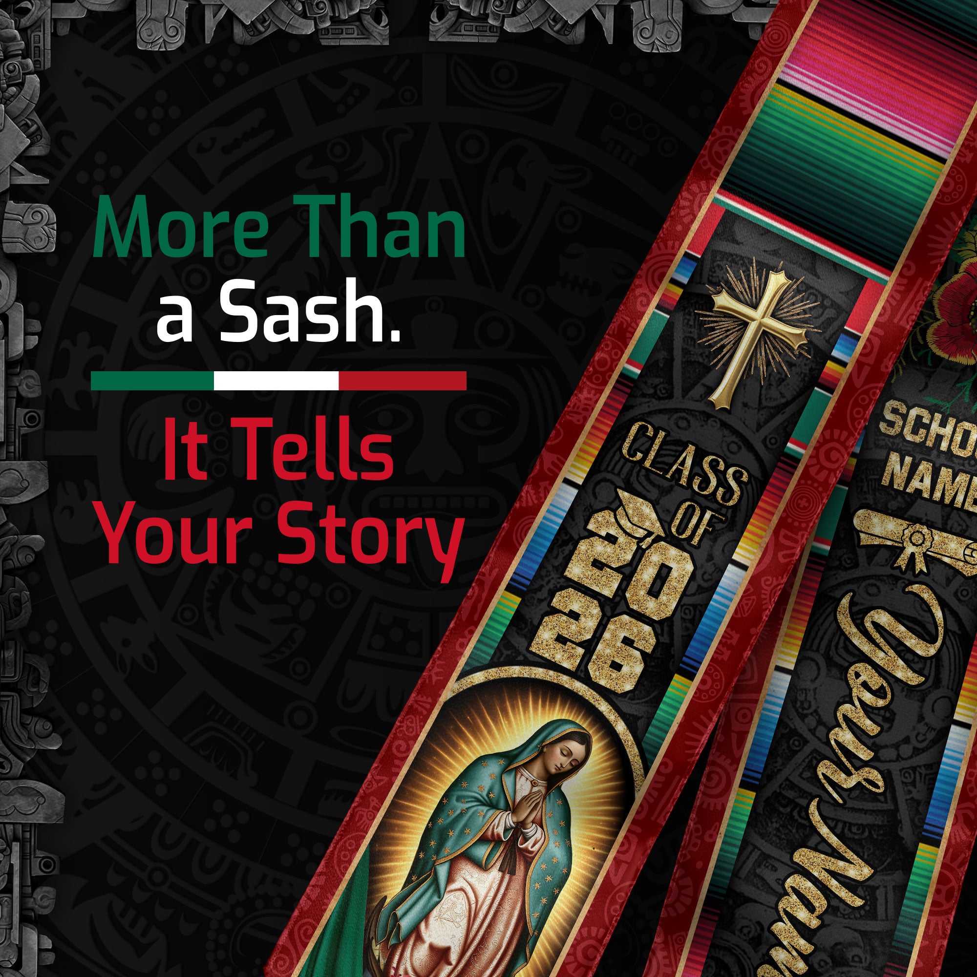 Custom Mexican Graduation Stole 2026 Mexico Sash Virgin Mary Butterfly Aztec Patterns