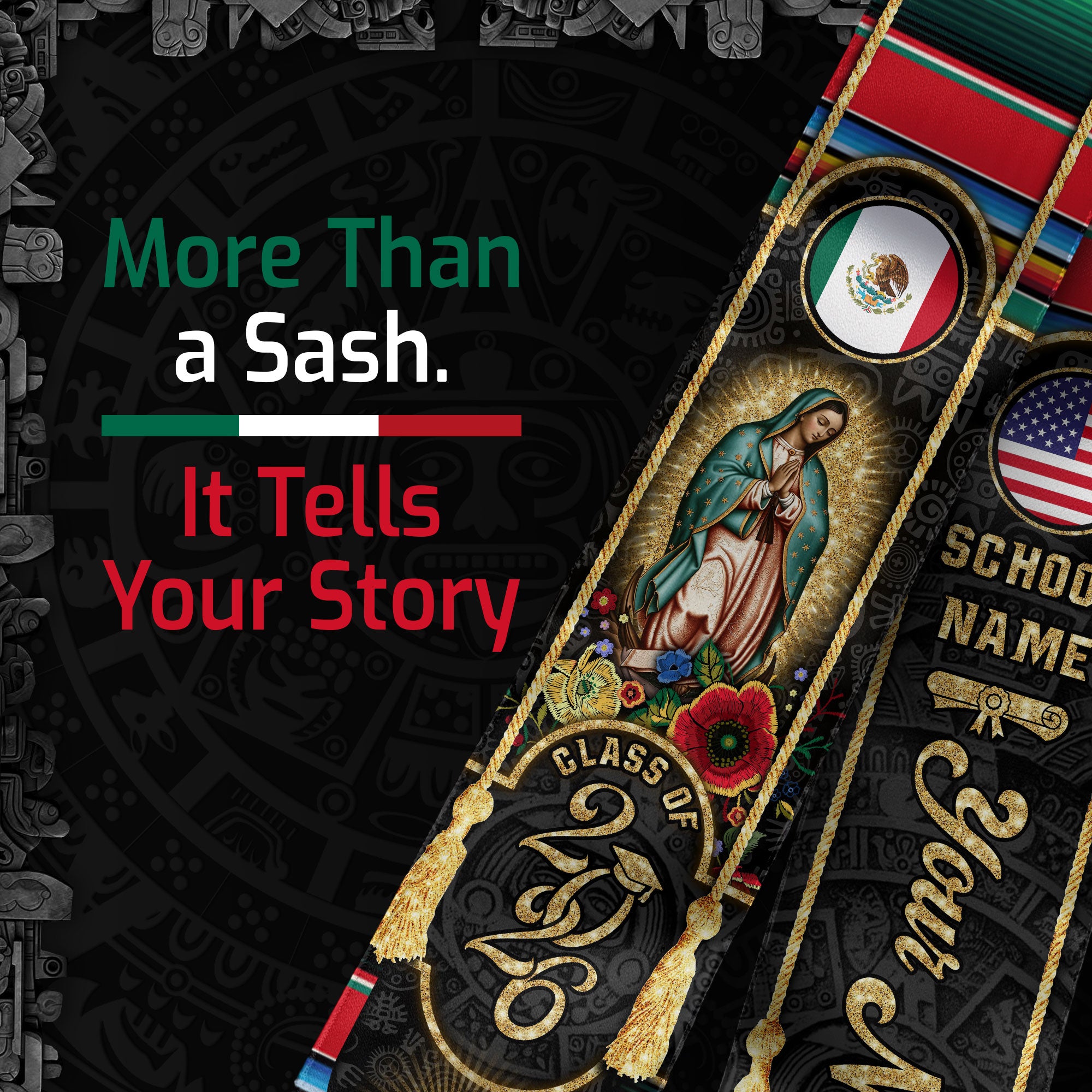 Custom Mexican USA Flag Graduation Stole 2026 Mexico Sash Virgin Mary Cross Aztec Patterns