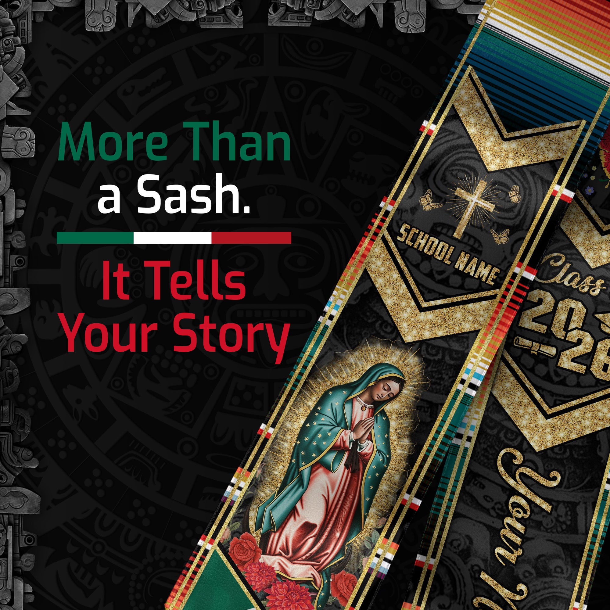 Custom Mexican Graduation Stole 2026 Virgin Mary Cross USA Flag Aztec Patterns Sash