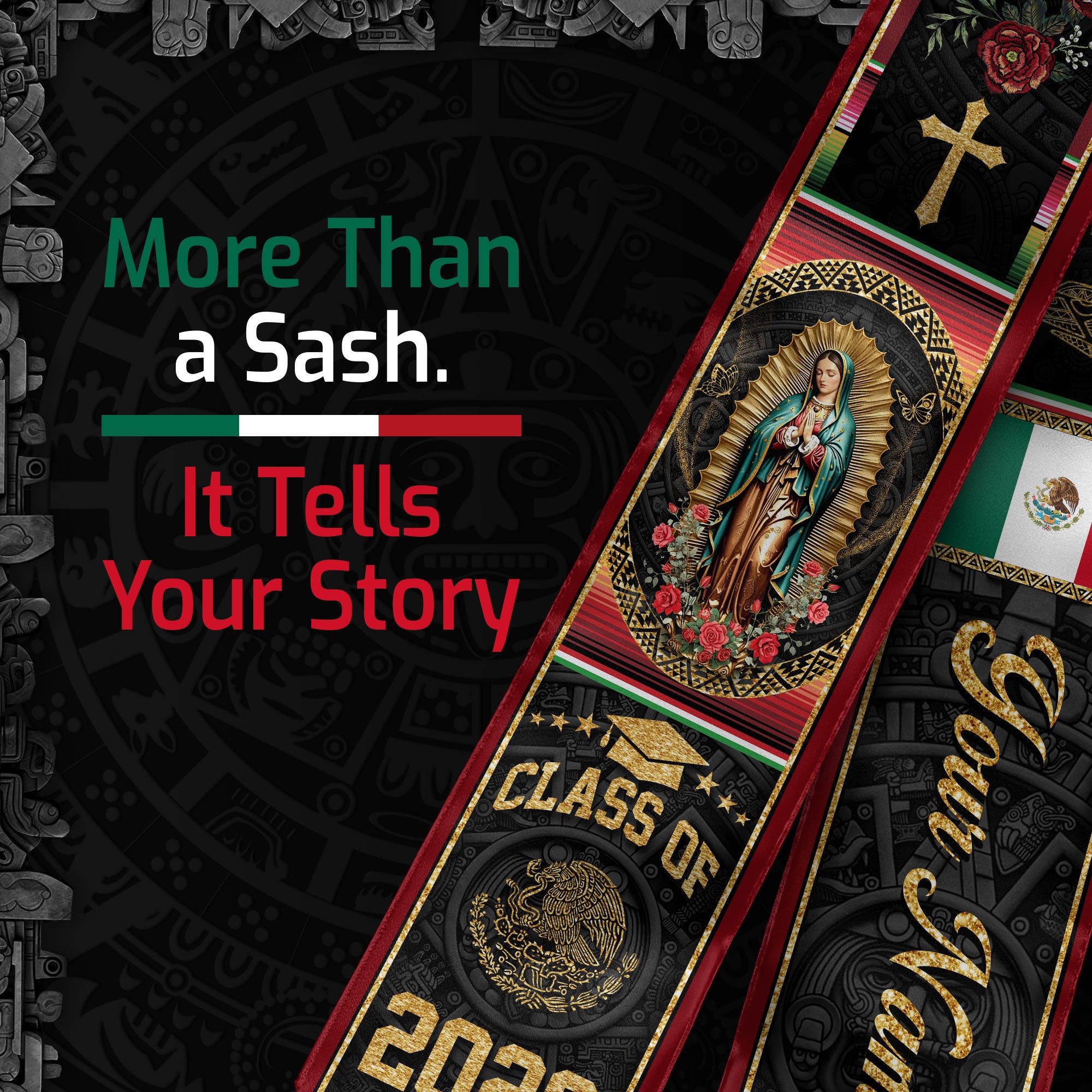 Custom Mexican Graduation Stole 2026 Virgin Mary Cross Flag Aztec Pattern Mexico Sash