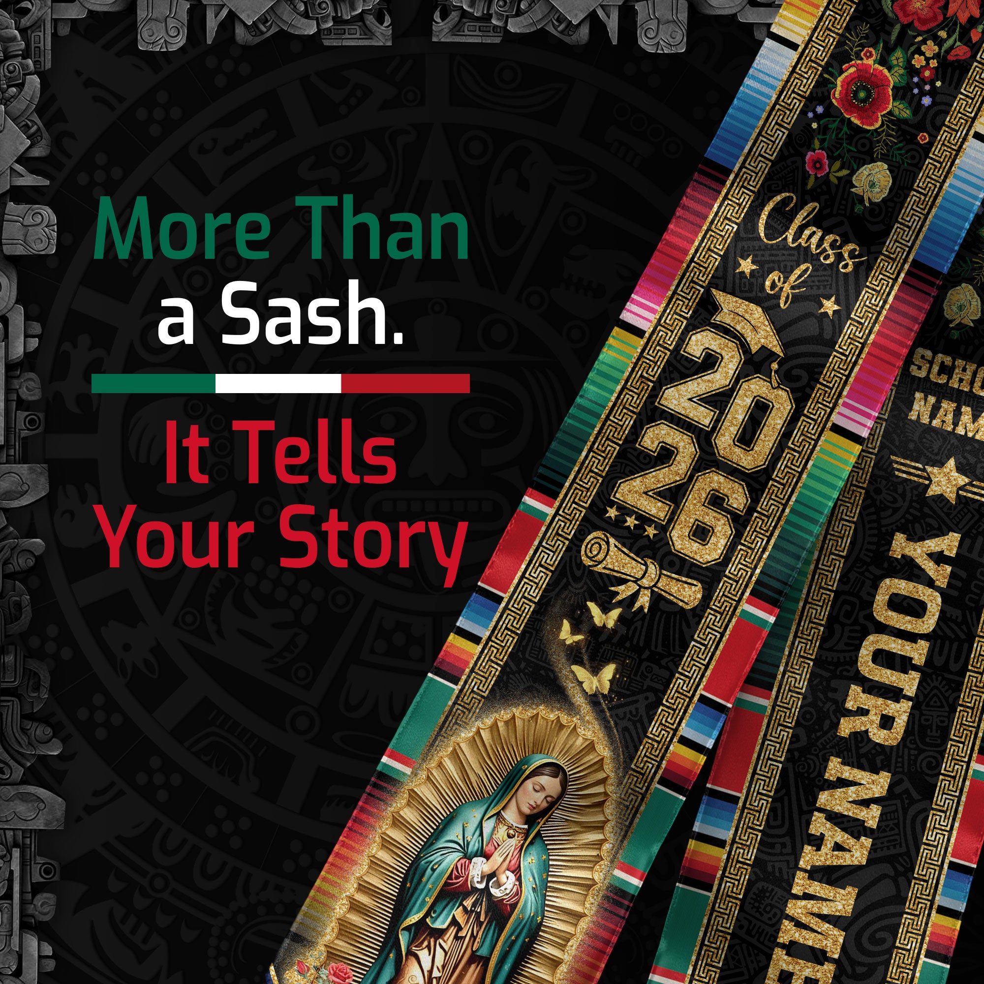 Mexican Graduation Stole Aztec Pattern Eagle Virgin Mary Flag Custom Sash 2026