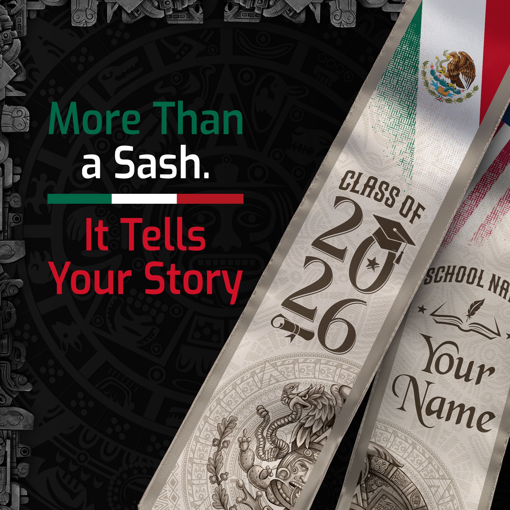 Mexican Graduation Stole Aztec Calendar Pyramid Eagle USA Mexico Flag Custom Sash